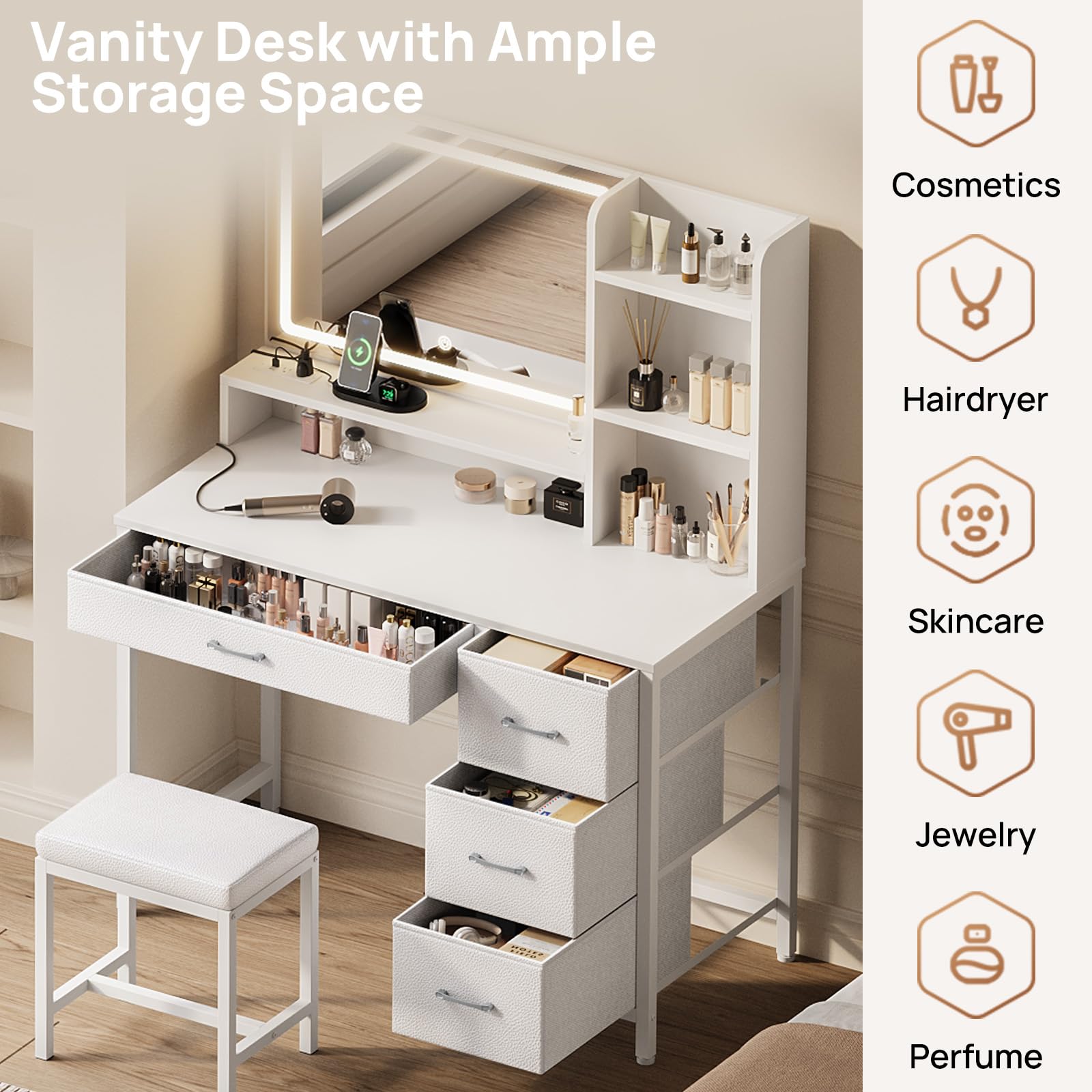 Rolanstar White Vanity Desk Set with Mirror, LED Lights & Stool - 4 Drawers, Power Outlets, Storage Compartments - Modern Dressing Table for Makeup, Skincare & Bedroom Organization (Perfect for Small Spaces & Beauty Routines)