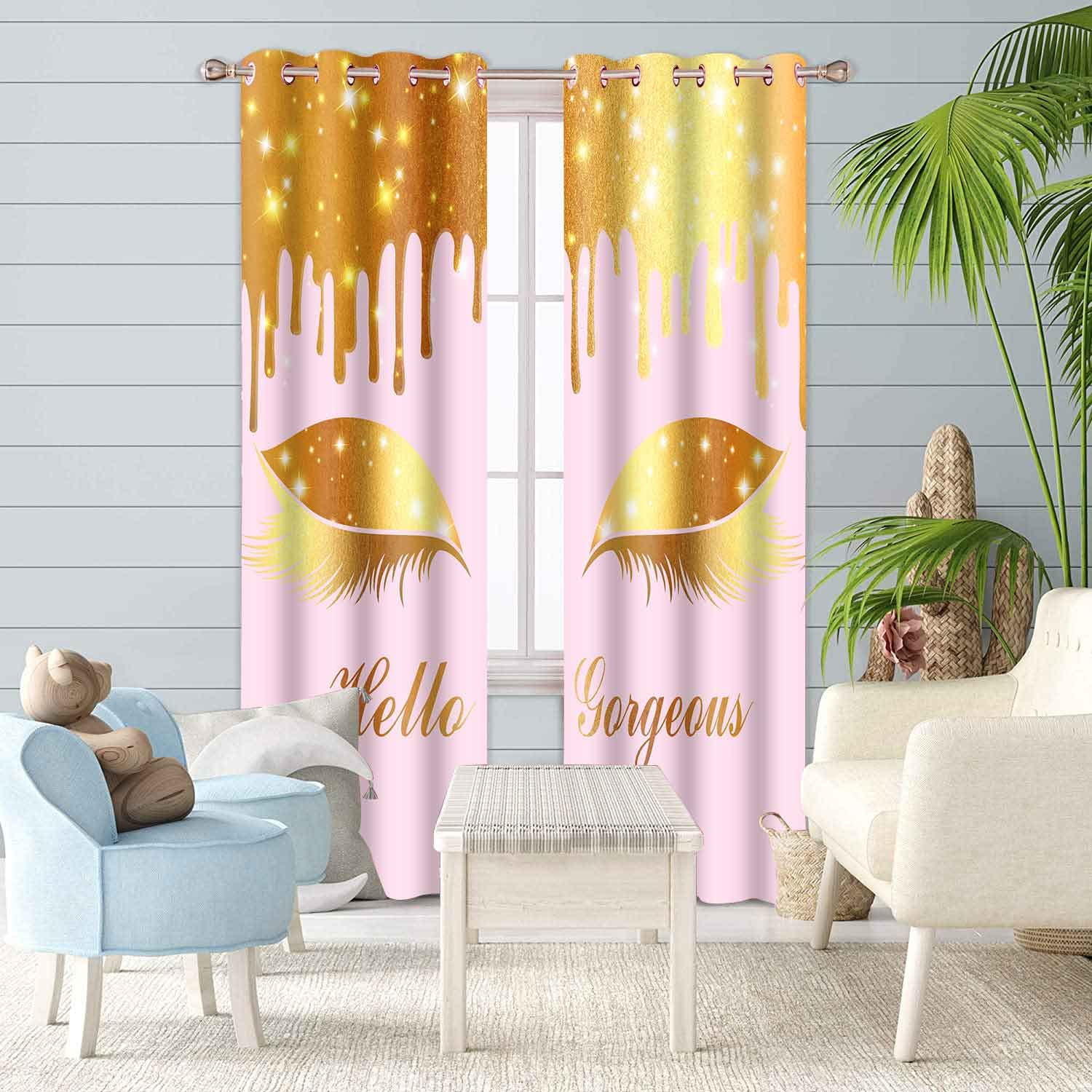 BSPPTI Hello Gorgeous Unicorn Eyelash Curtains - Blackout Thermal Insulated Window Treatments for Bedroom (42x84 Inch, 2 Panels, Pink & Gold) - Perfect for Kids Room, Nursery & Fantasy Themed Decor