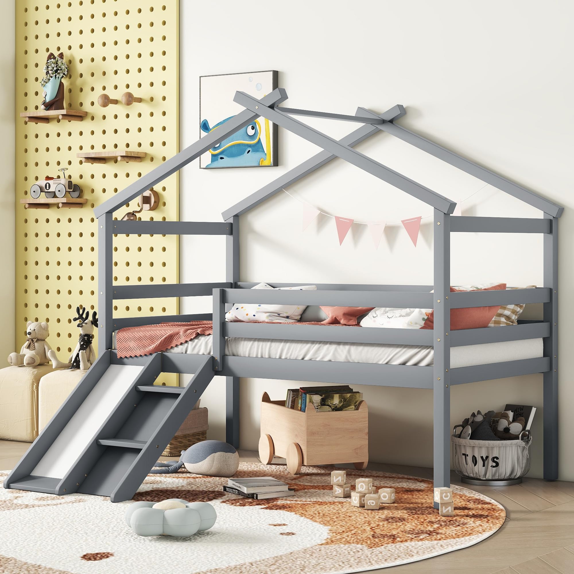 Bellemave Twin Size Low Loft Bed for Kids with Slide & Ladder - Solid Wood House Loft Bed with Safety Guardrails for Boys & Girls (Grey) - Perfect for Small Bedrooms, Playrooms & Kids' Spaces