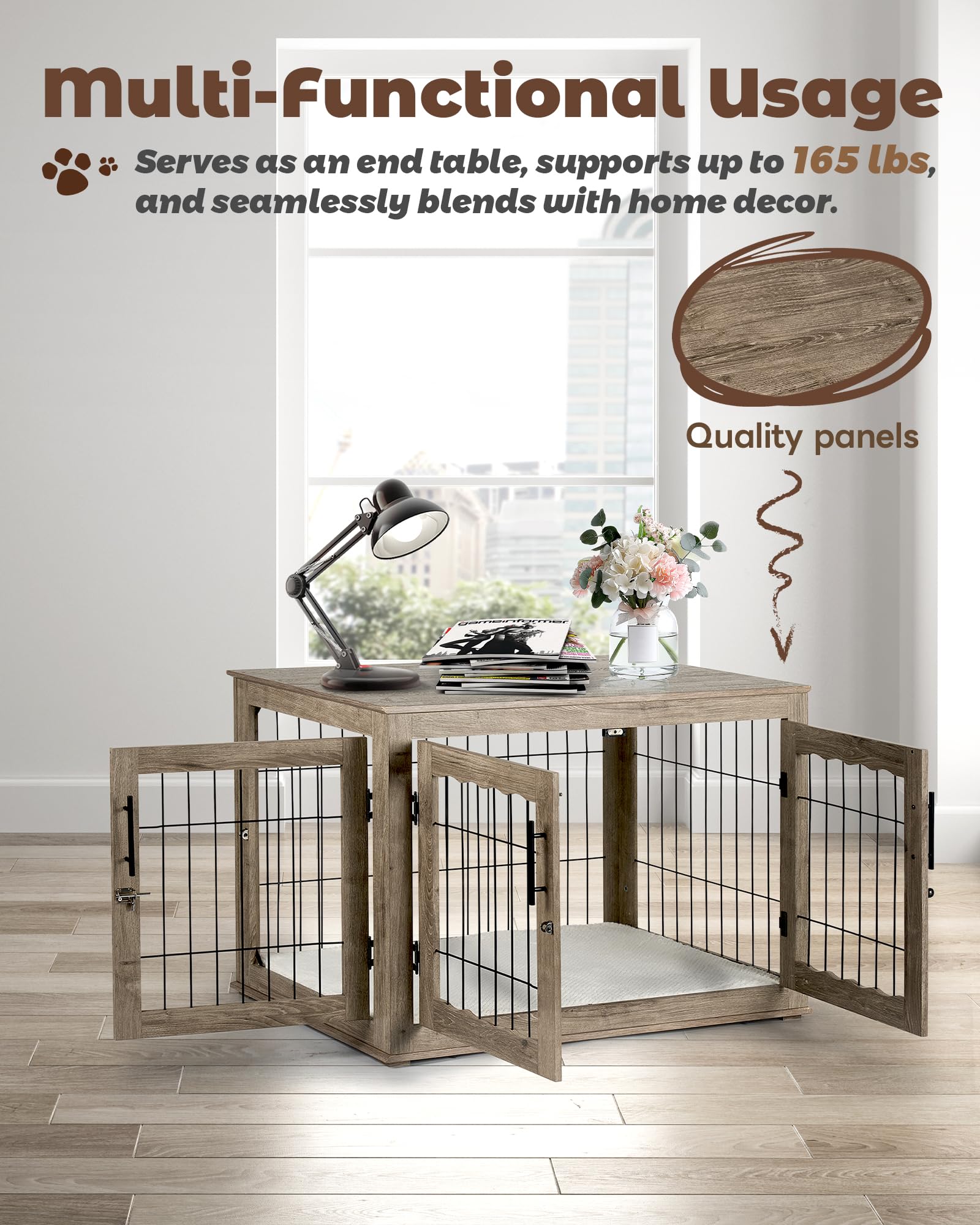 38 Inch Large Wooden Dog Crate Furniture - Heavy Duty Dog Kennel with Removable Bed Pad & 3 Doors - Stylish Greige End Table for Living Room, Bedroom & Office Spaces