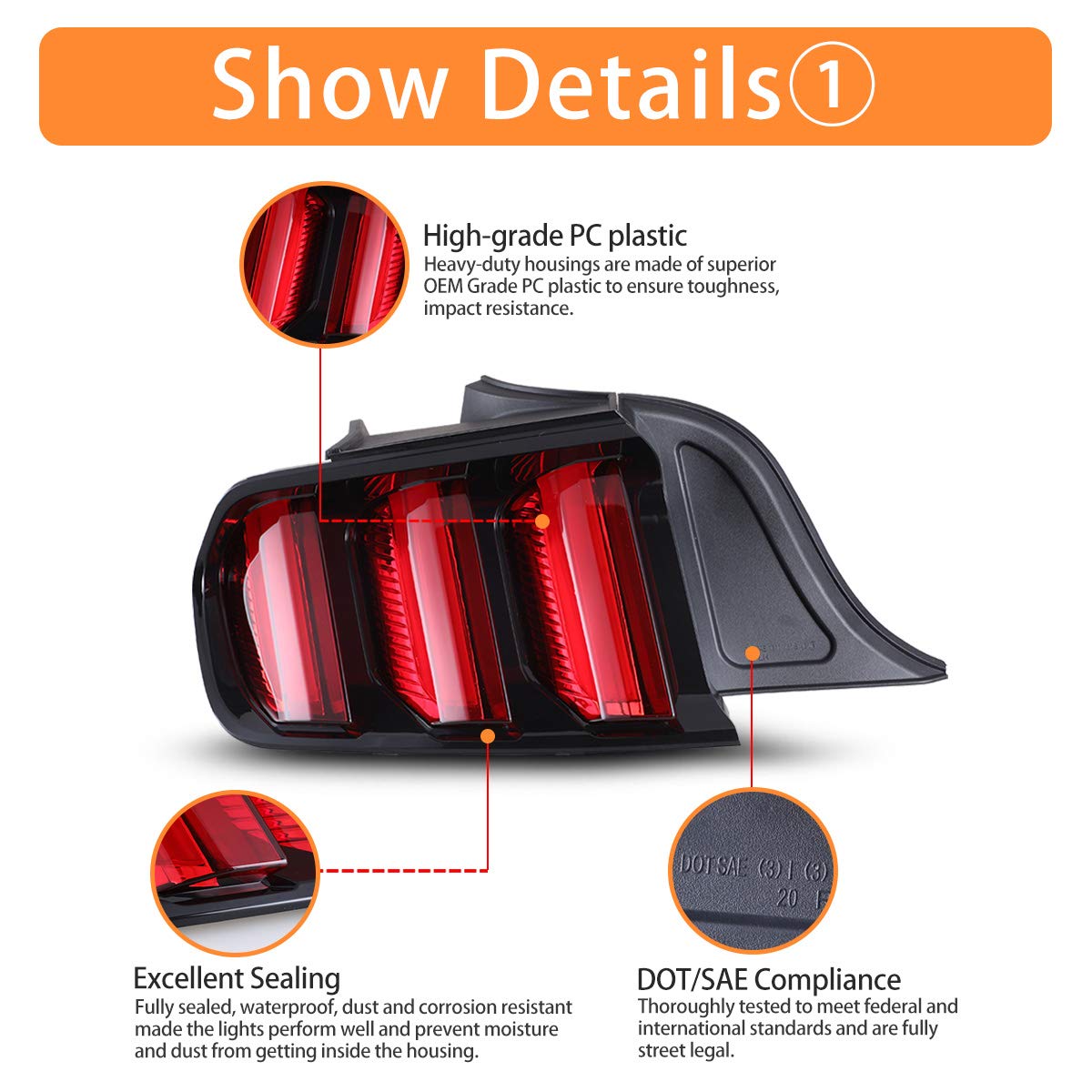 AUTOWIKI LED Tail Lights for 2015-2020 Ford Mustang (US Model) - Red Rear Lamps with Sequential Turn Signals - 2PCS - Perfect for Night Driving & Car Customization