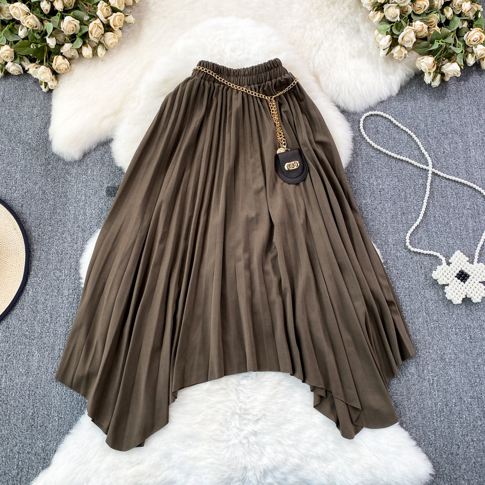 High Waist Pleated A-Line Skirt - Mid Length Irregular Hem Women's Fashion Skirt for Casual Wear, Office & Party Outfits