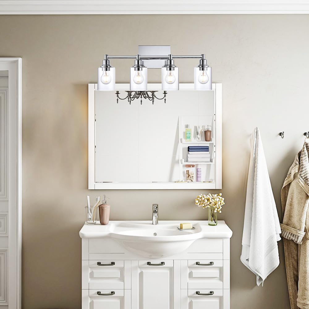 Modern Chrome Bathroom Vanity Lights - 4-Light Sconces with Clear Glass for Kitchen & Bathroom