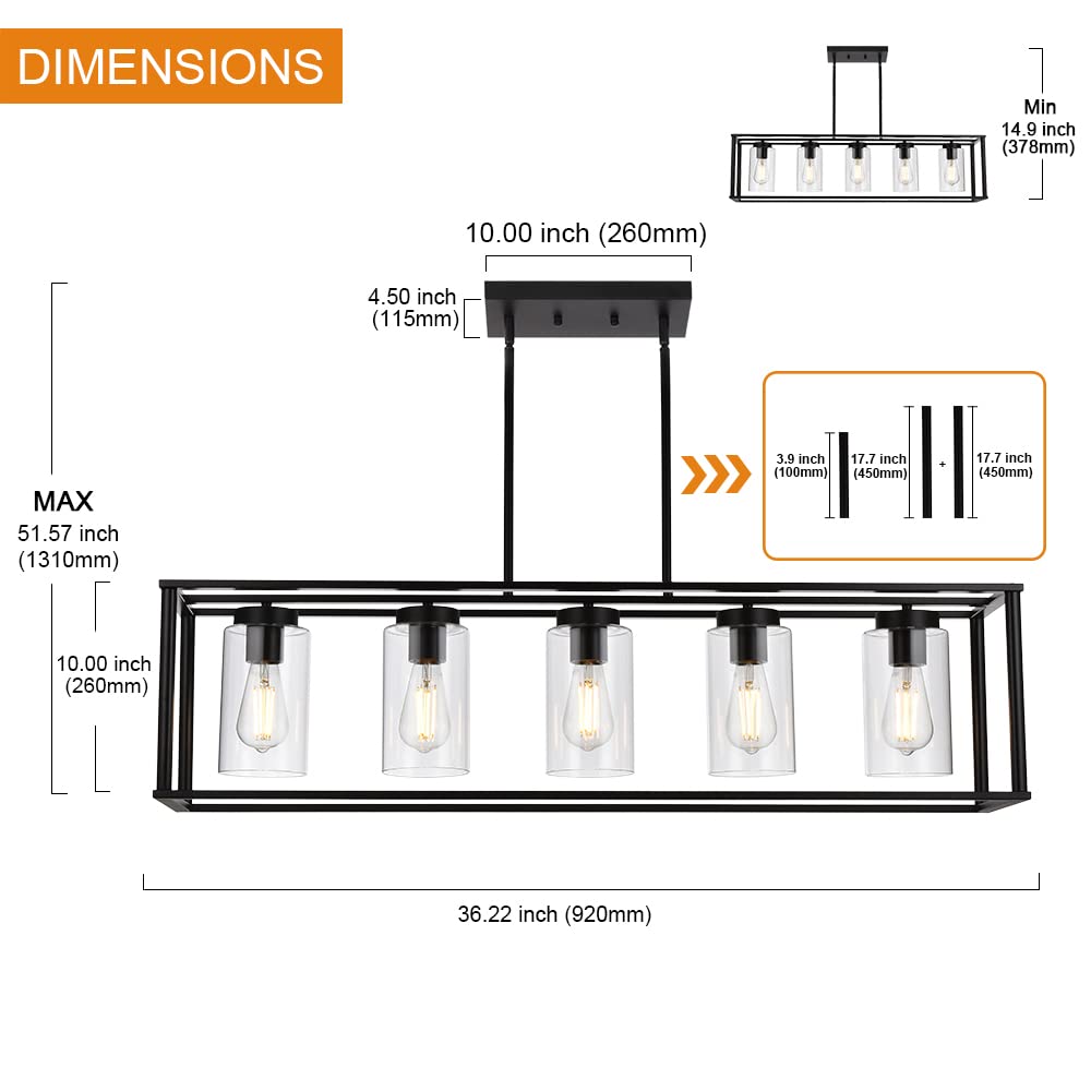 VINLUZ 5-Light Black Rectangle Farmhouse Chandelier - Adjustable Hanging Pendant Light with Glass Shade for Dining Room, Kitchen Island & Modern Home Decor | Rustic Industrial Ceiling Lighting Fixture