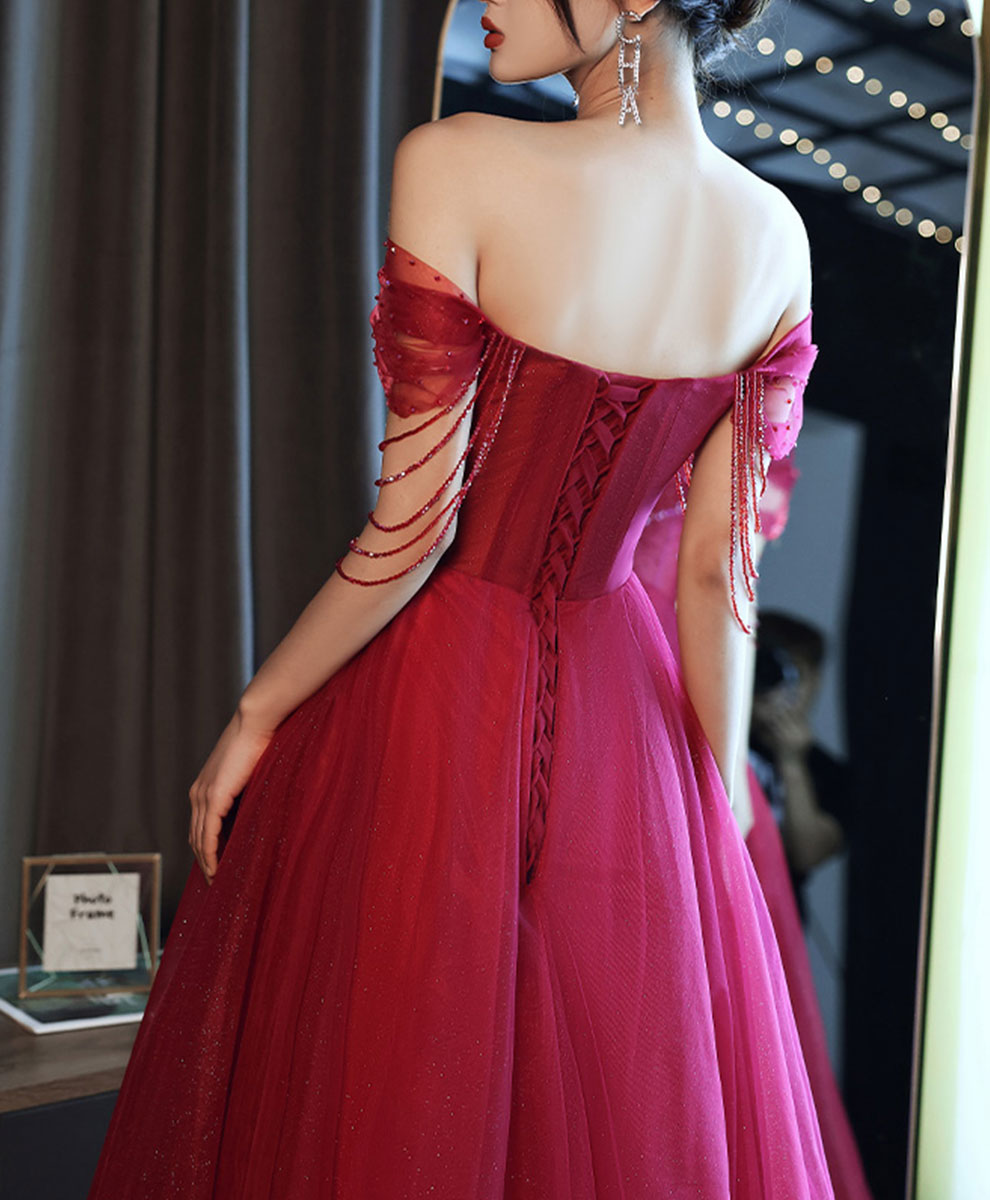 Elegant Burgundy Tulle Off-Shoulder Long Prom Dress with Beading - Perfect for Graduation, Homecoming & Formal Events