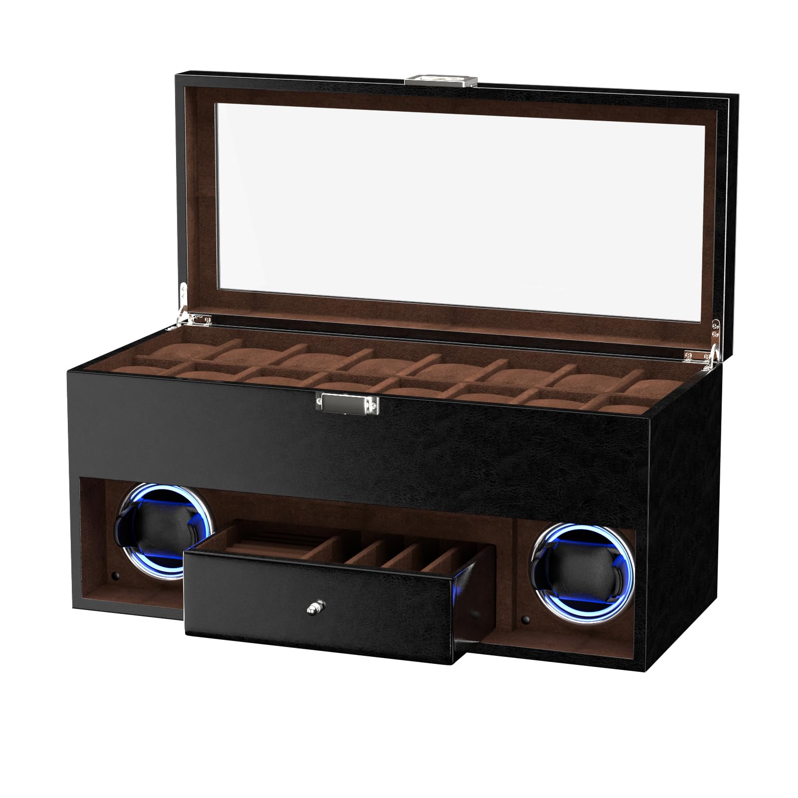 DUKWIN 16 Slot Watch Display Case with Watch Winder for 2 Watches - 4 Rotation Modes, Adjustable Watch Pillows & Blue LED Light - Luxury Watch Storage Box for Collectors - Perfect for Home, Office or Gift
