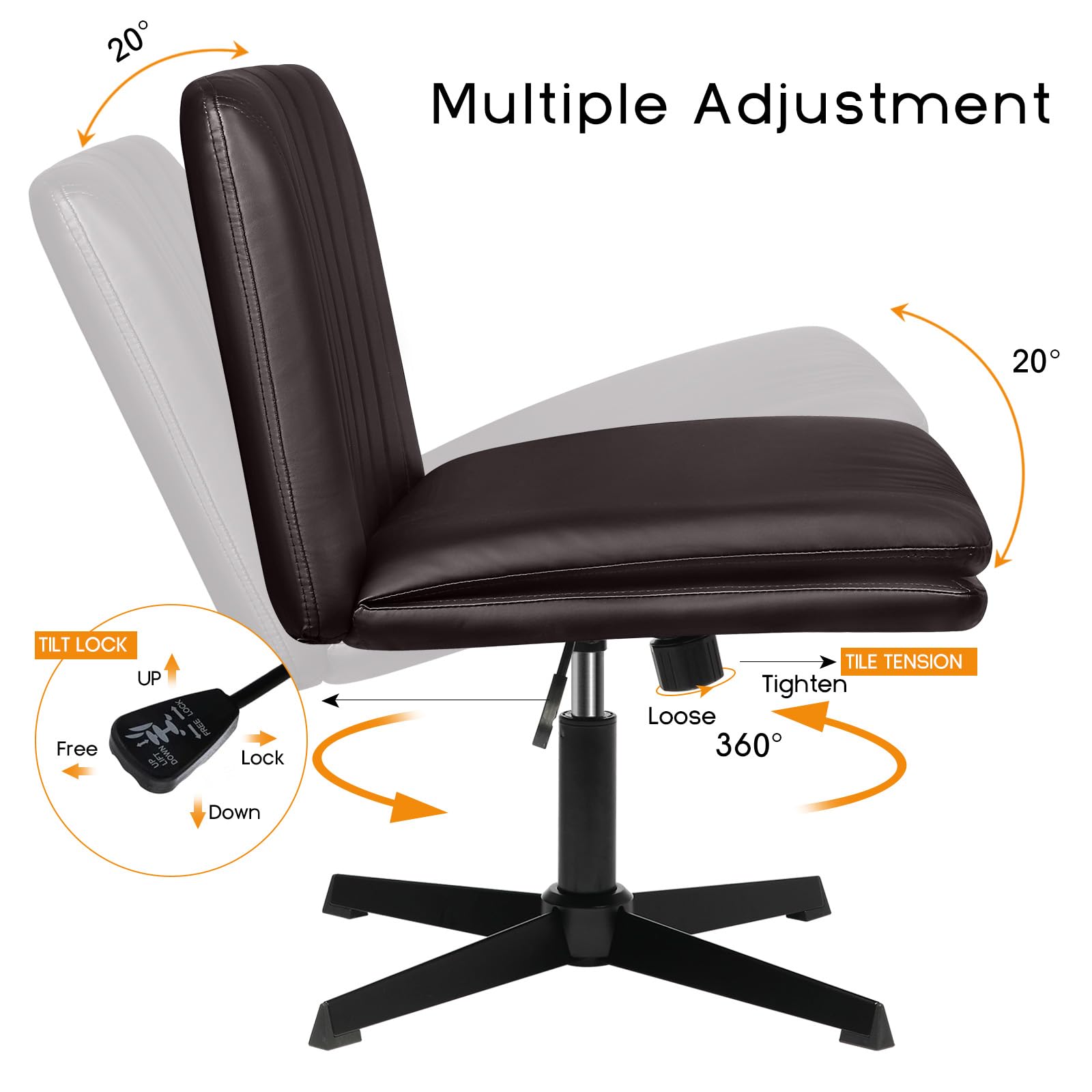 PUKAMI Criss Cross Legged Office Chair - Armless PU Leather Swivel Desk Chair with Height Adjustable Wide Seat & Mid Back Support - Modern Home Office Computer Task Chair for Working, Studying & Vanity Makeup