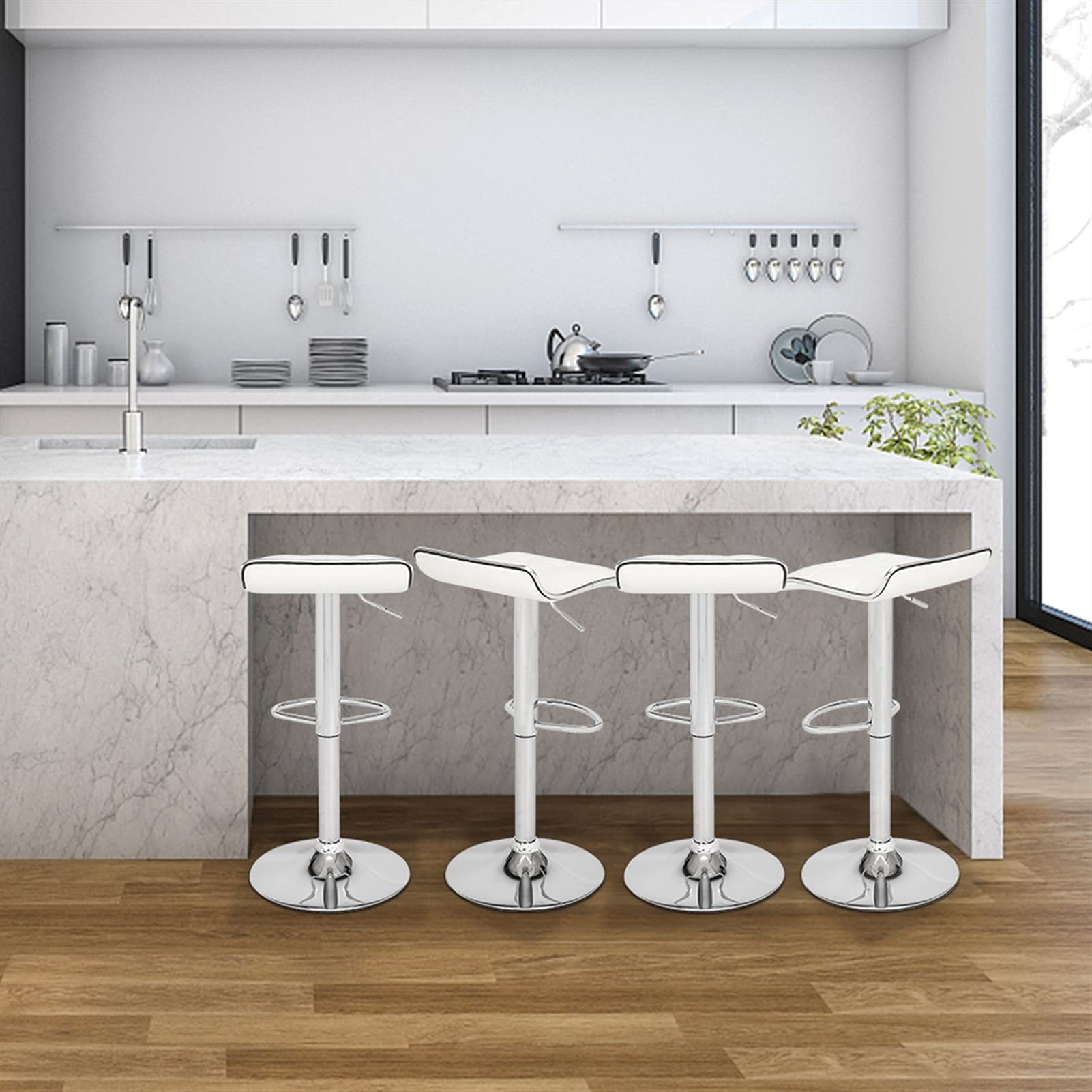 360° Swivel Adjustable Modern Bar Stool with Soft-Padded Square Seat & Curved Footrest - PU Fabric White Bar Chair for Kitchen Island, Home Bar & Dining Counter - Comfortable Height Adjustable Stool for Breakfast Nook, Coffee Bar & Restaurant - Perfect for Home Decor, Kitchen Seating & Commercial Use - TOMYEUS Bar Stools - Ideal for Small Spaces, Apartment Living & Stylish Entertaining