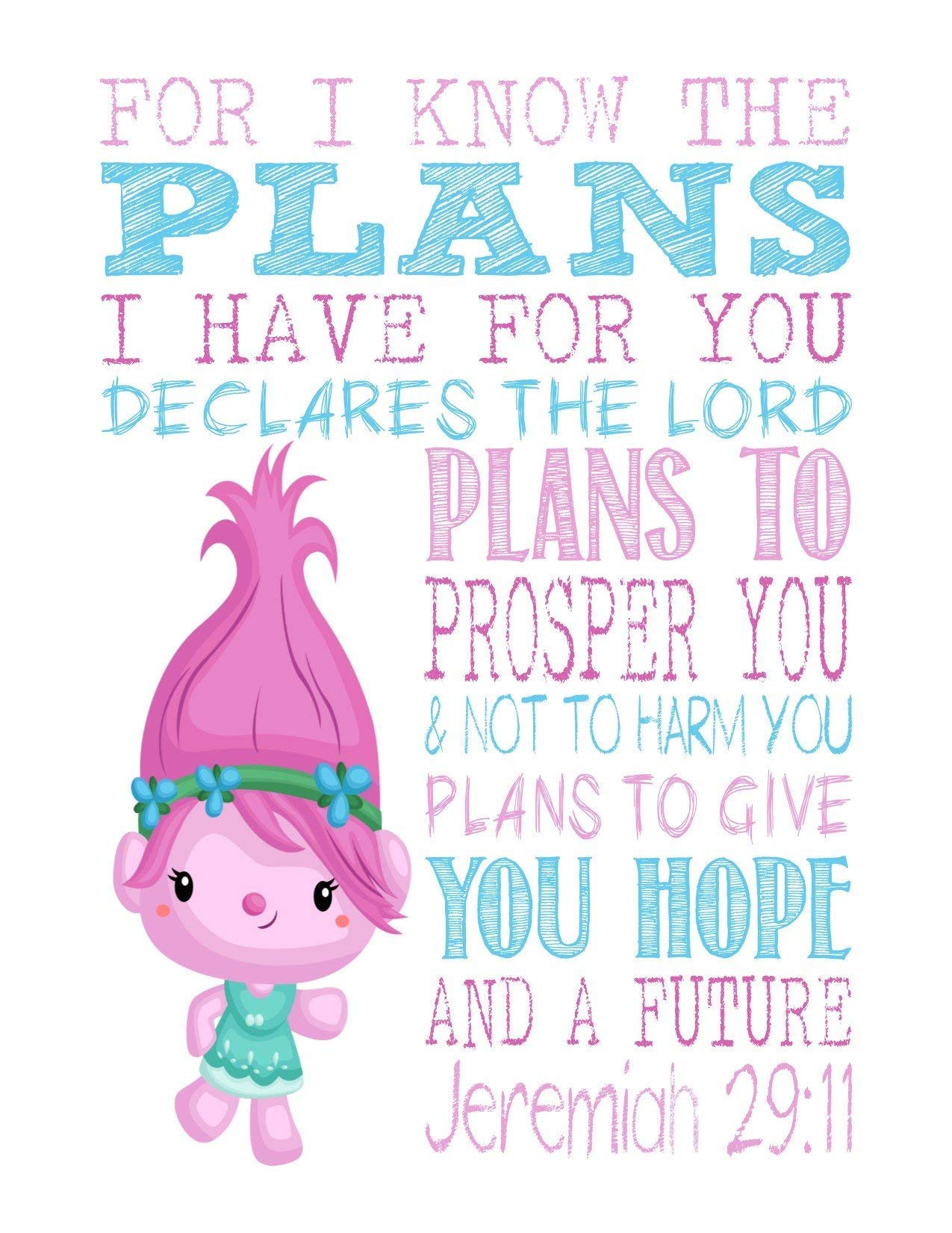 Trolls Christian Nursery Decor - 4 Bible Verse Prints for Kids' Room