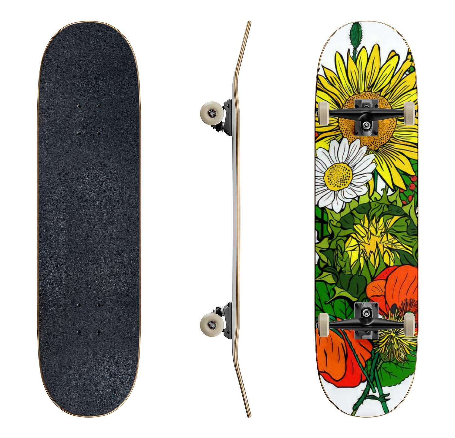 EFTOWEL Skateboard - Classic Concave Longboard with Bouquet of Poppies, Sunflowers & Chamomiles Design | Durable Deck for Beginners & Pro Riders | Perfect for Street Skating, Commuting & Extreme Sports | Cool Teen Gift Idea
