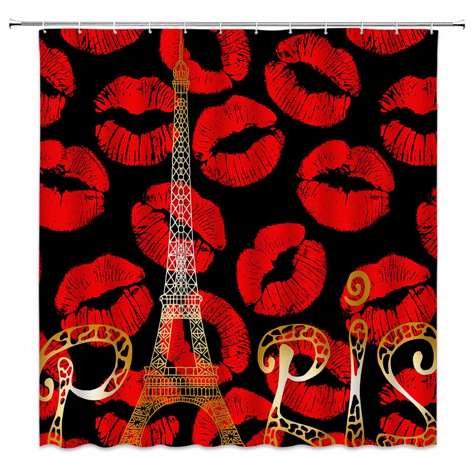 Red Lips Shower Curtain with Eiffel Tower Silhouette - Romantic Paris Theme Bathroom Decor for Women, 70x70 Inch Black Background Polyester Curtain with Hooks - Perfect for Modern Bathrooms, Girls' Rooms & French-Inspired Home Decor