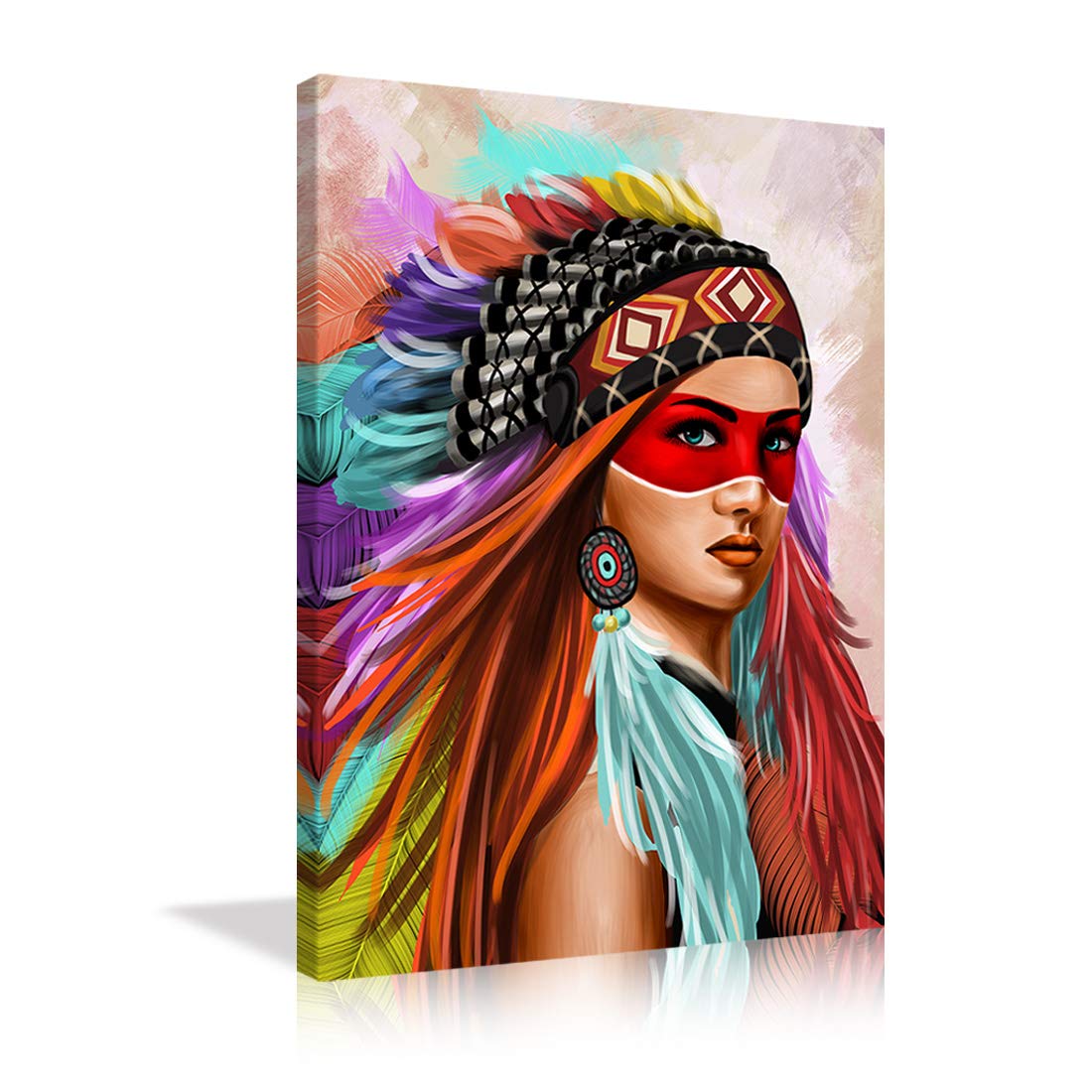 KALAWA Modern Wall Art Painting - Colorful Women Chief with Feathers Canvas Print, Ethnographic Home Decor for Living Room, Bedroom, Bar & Cafe - Framed Ready to Hang
