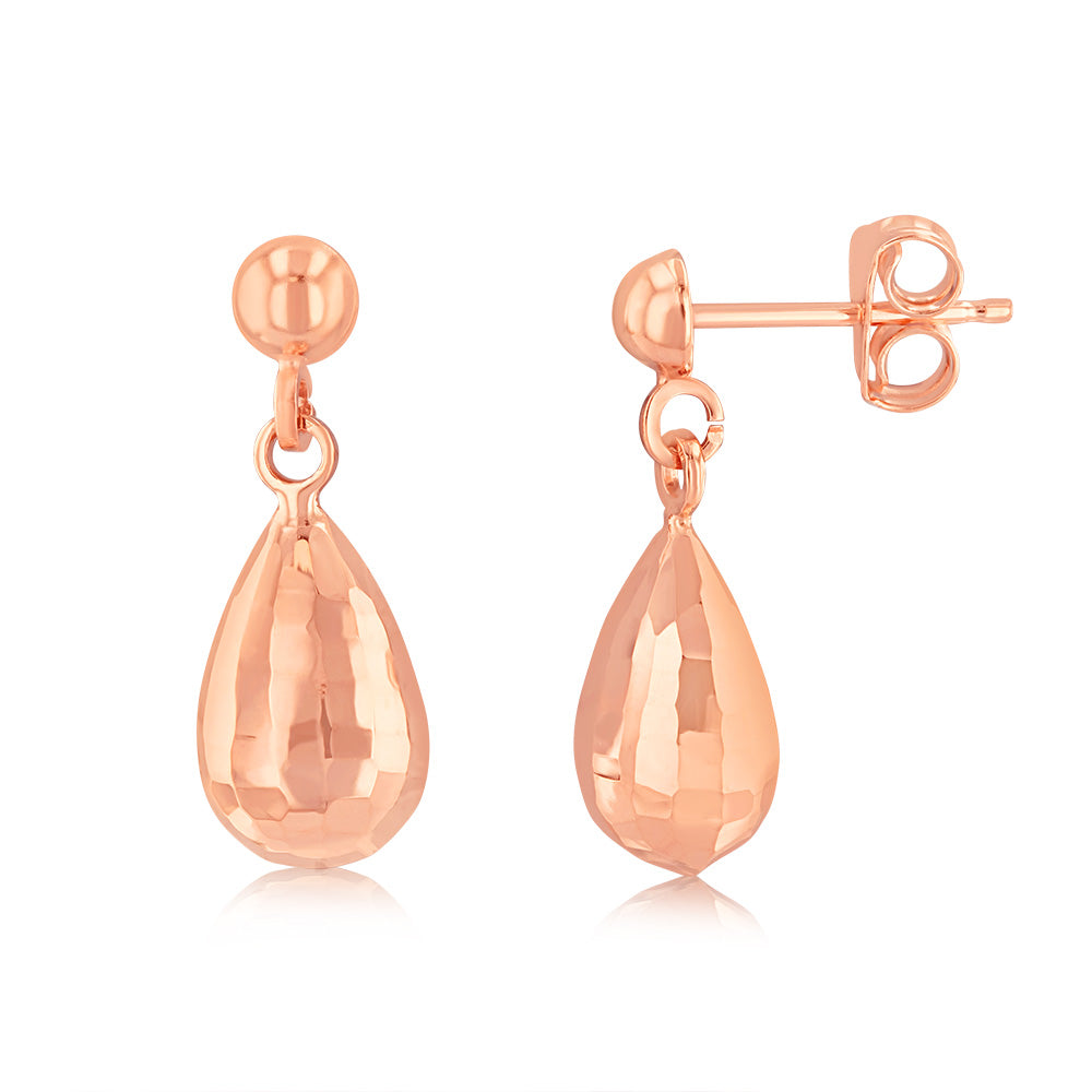 9ct Rose Gold Diamond Cut Tear Drop Earrings for Women - Elegant Dangle Earrings for Wedding, Party & Special Occasions