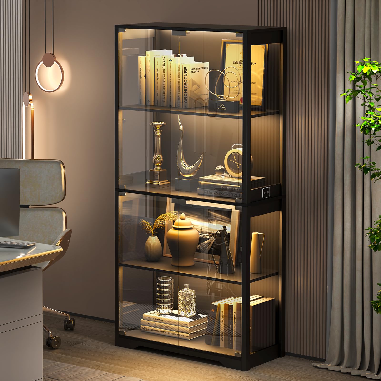 4-Tier Glass Display Cabinet with LED Lights & Motion Sensor - Black Curio Cabinet for Collectibles, China, Figurines | Perfect for Living Room, Bedroom, or Office Decor