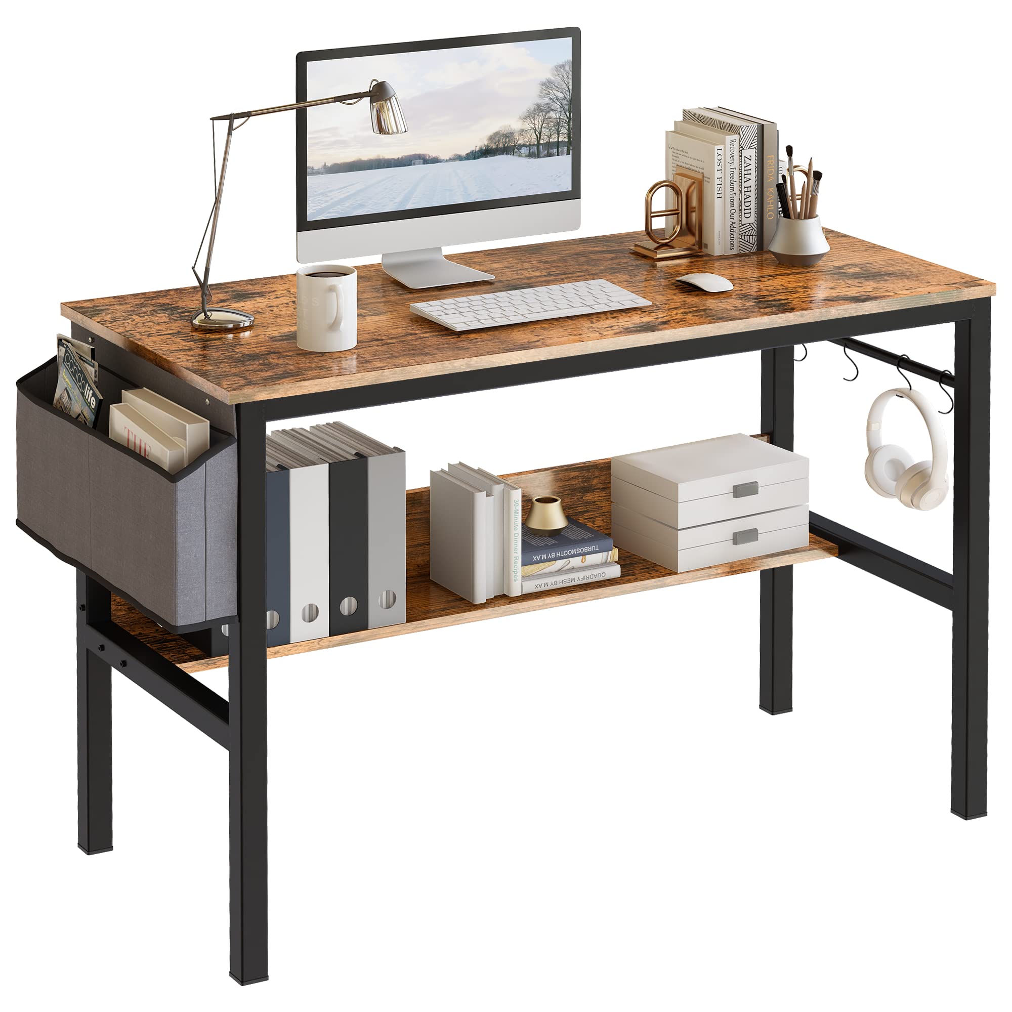 DKLGG 43 Inch Small Computer Desk - Modern Home Office Laptop Study Table for Small Spaces with Storage Bag & Headphone Hook, Rustic Brown - Perfect for Remote Work, Online Classes & Gaming Setup