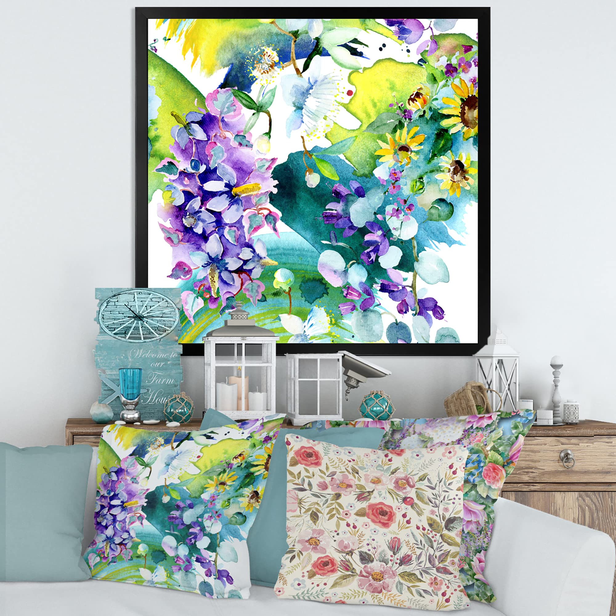 DesignQ Farmhouse Framed Wall Art - Wildflowers and Sunflowers Bouquet Painting for Living Room, Bedroom & Office Decor
