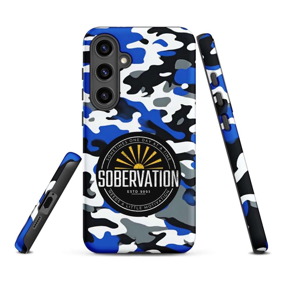 Sobervation Blue Camo Samsung Galaxy Phone Case - Durable Protective Cover for Samsung S23/S22/S21 - Perfect for Recovery & Sober Living Support