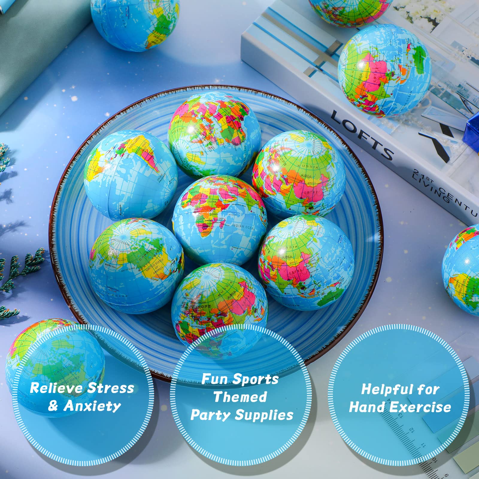 HyDren 100-Pack Mini Globe Stress Balls (2 Inch) - Bulk Foam Earth Stress Relief Balls for Finger Exercise, Classroom Rewards, Party Favors & Anxiety Relief - Perfect for Office, School & Home Stress Management