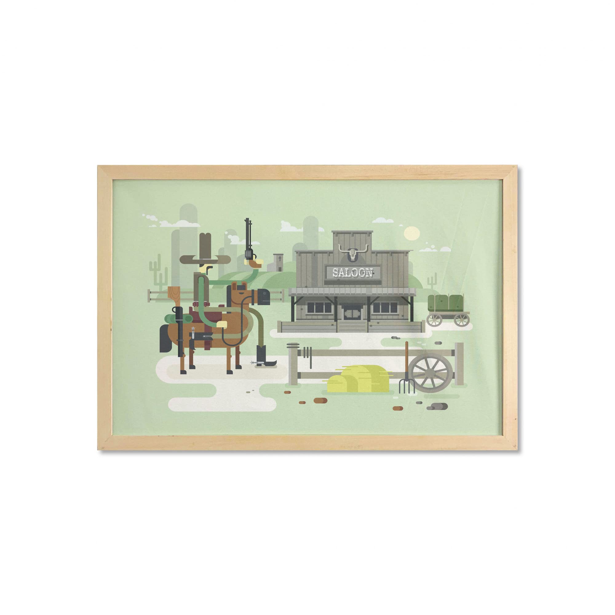 Western Wall Art with Frame - Wild West Saloon Cowboy & Town Landscape Printed Fabric Poster - 35