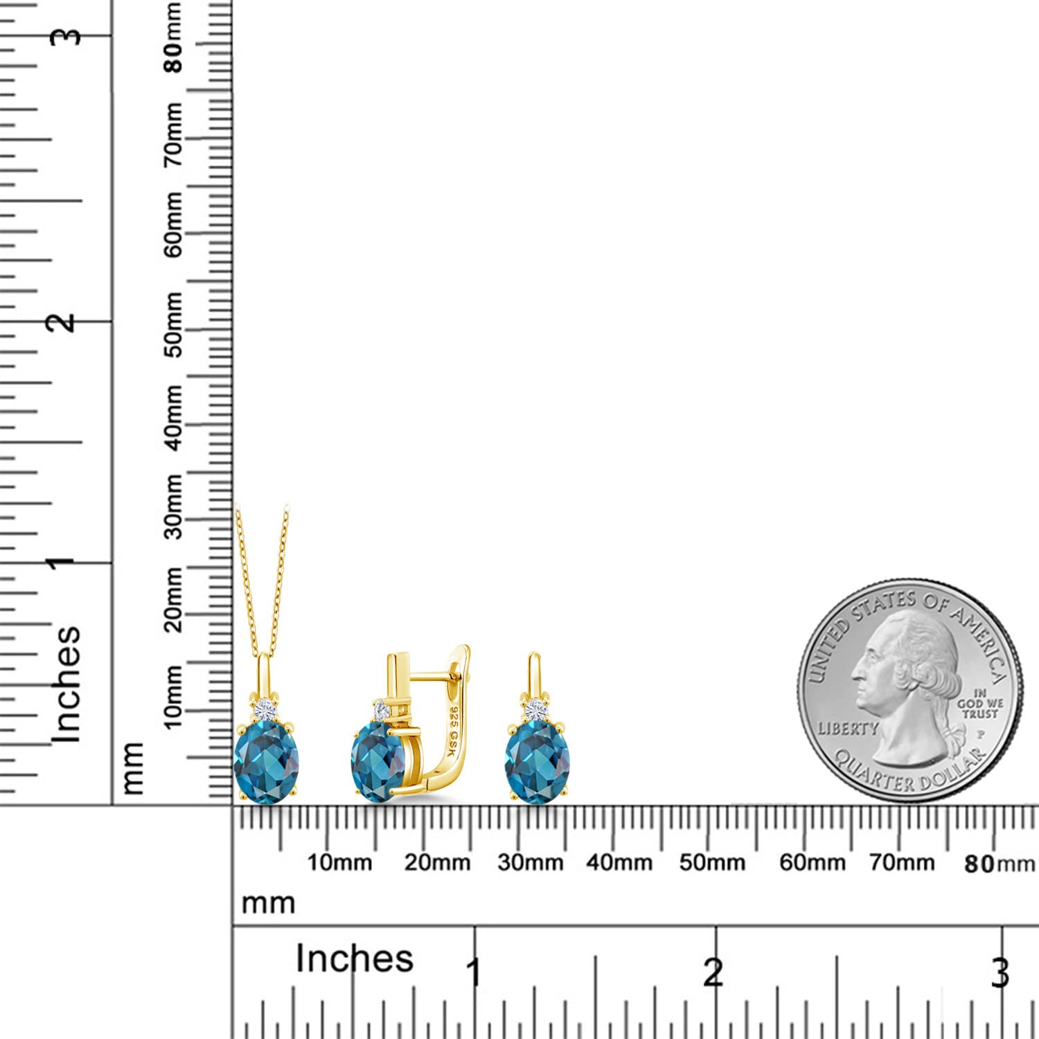 6.95 Ct London Blue Topaz & E-F Lab Grown Diamond 18K Gold Plated Pendant Earrings Set | Gem Stone King | Elegant Jewelry Gift for Women, Birthday, Anniversary & Special Occasions