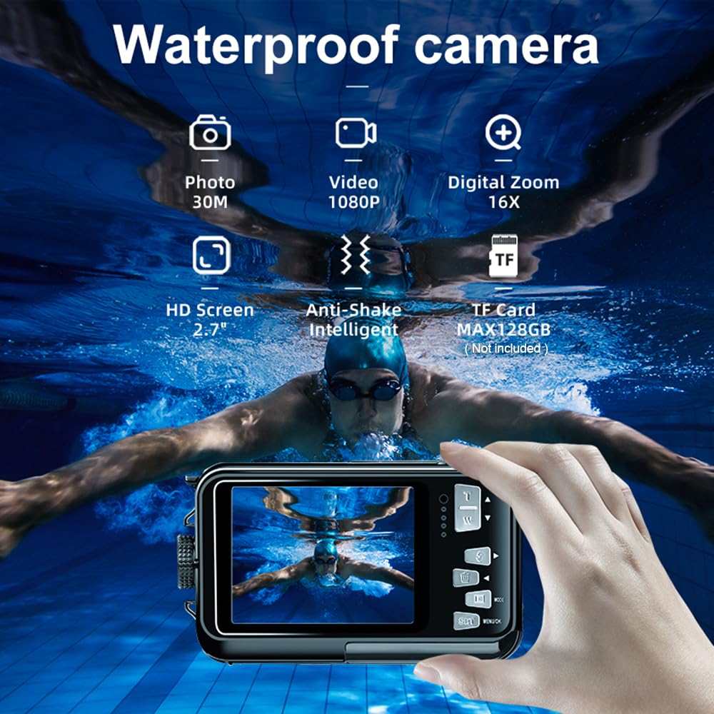 1080P Ultra HD Mini Sports Action Camera with 2.7in TFT Screen, 30MP Anti-Shake, 3M Waterproof, 16× Digital Zoom, 128GB TF Support - Perfect for Underwater Diving, Skiing, Cycling & Outdoor Adventures