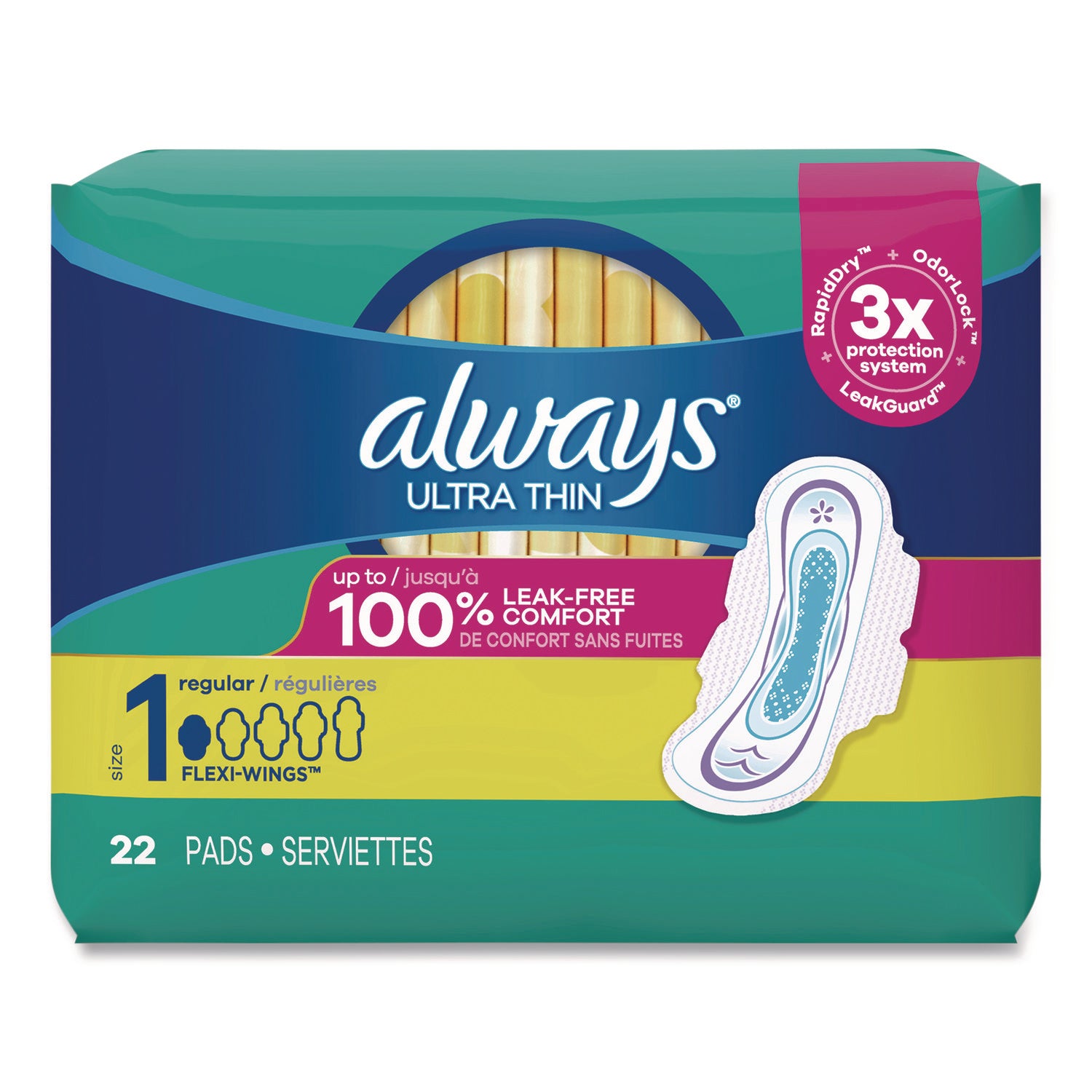 Always Ultra Thin Pads with Wings - Size 1 Regular Absorbency (22 Pads/Pack, 12 Packs/Carton) | Comfortable & Reliable Protection for Daily Use & Active Lifestyles