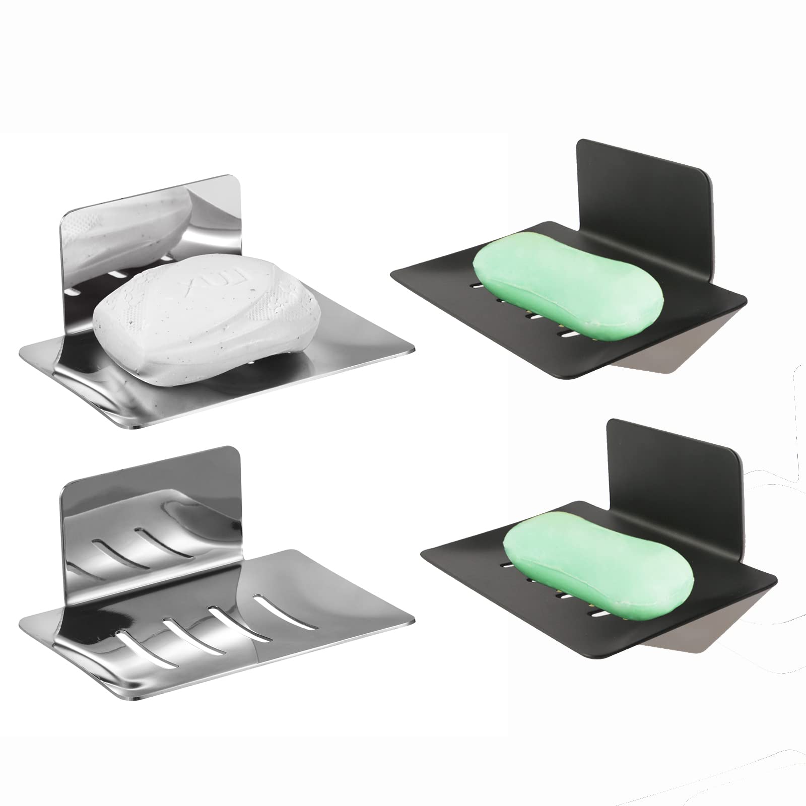 Premium Stainless Steel Soap Dishes Set - 2PCS Matte Black & Polished Silver Soap Holders with Drain - No Drill Self-Adhesive Bar Soap Tray for Shower Wall, Bathroom, Kitchen - Perfect for Modern Home, Spa, Hotel, and RV Use