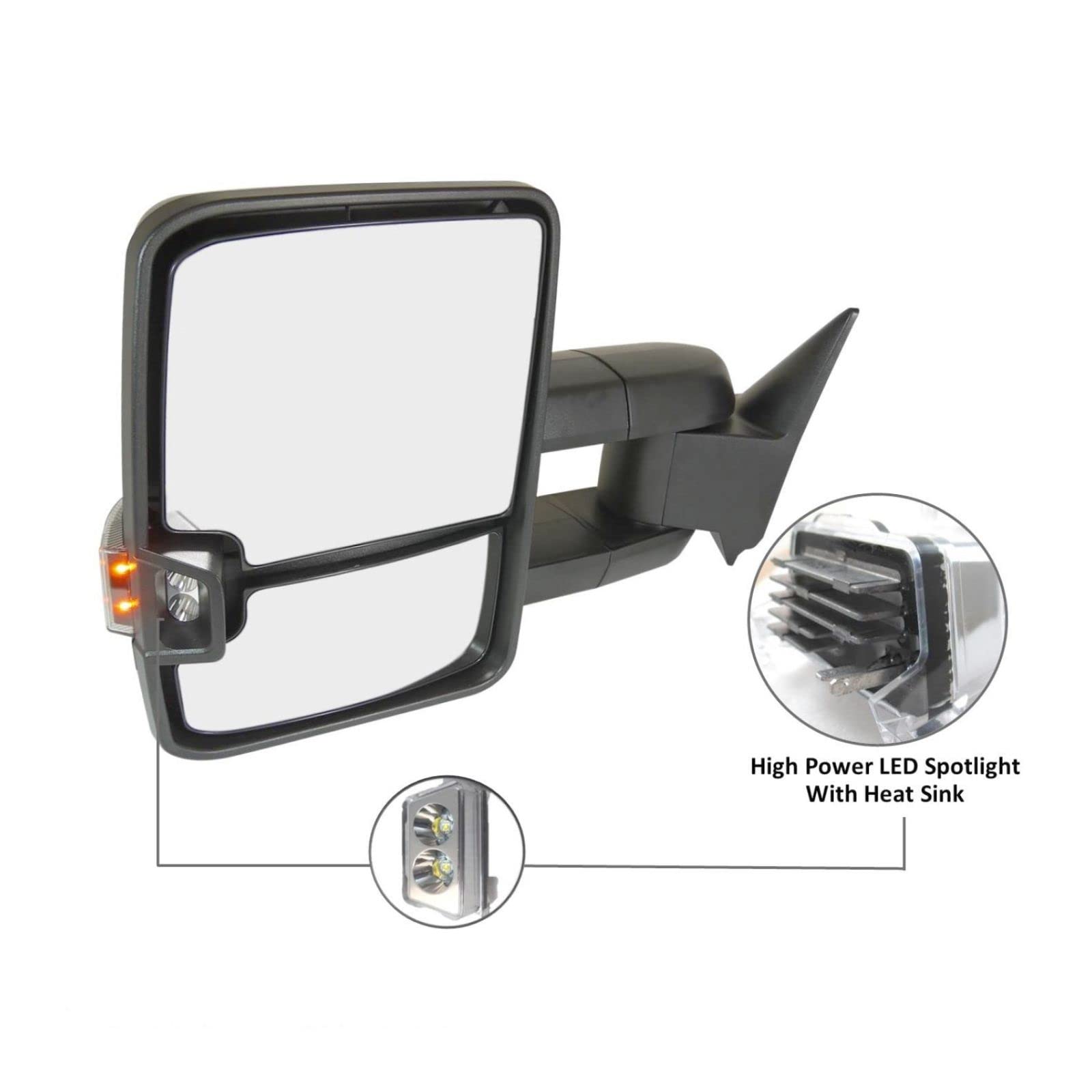 Smoke LED Spotlight Manual Tow Mirror Pair for GM Trucks - Black, Durable & Bright for Night Driving & Off-Road Adventures