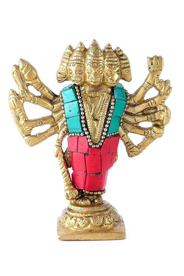 Handcrafted Brass Panchmukhi Hanuman Statue with Gemstone Inlay - 5-Faced Hindu God Sculpture (Design 105) - Perfect for Home Altar, Yoga Studio Decor & Spiritual Gift