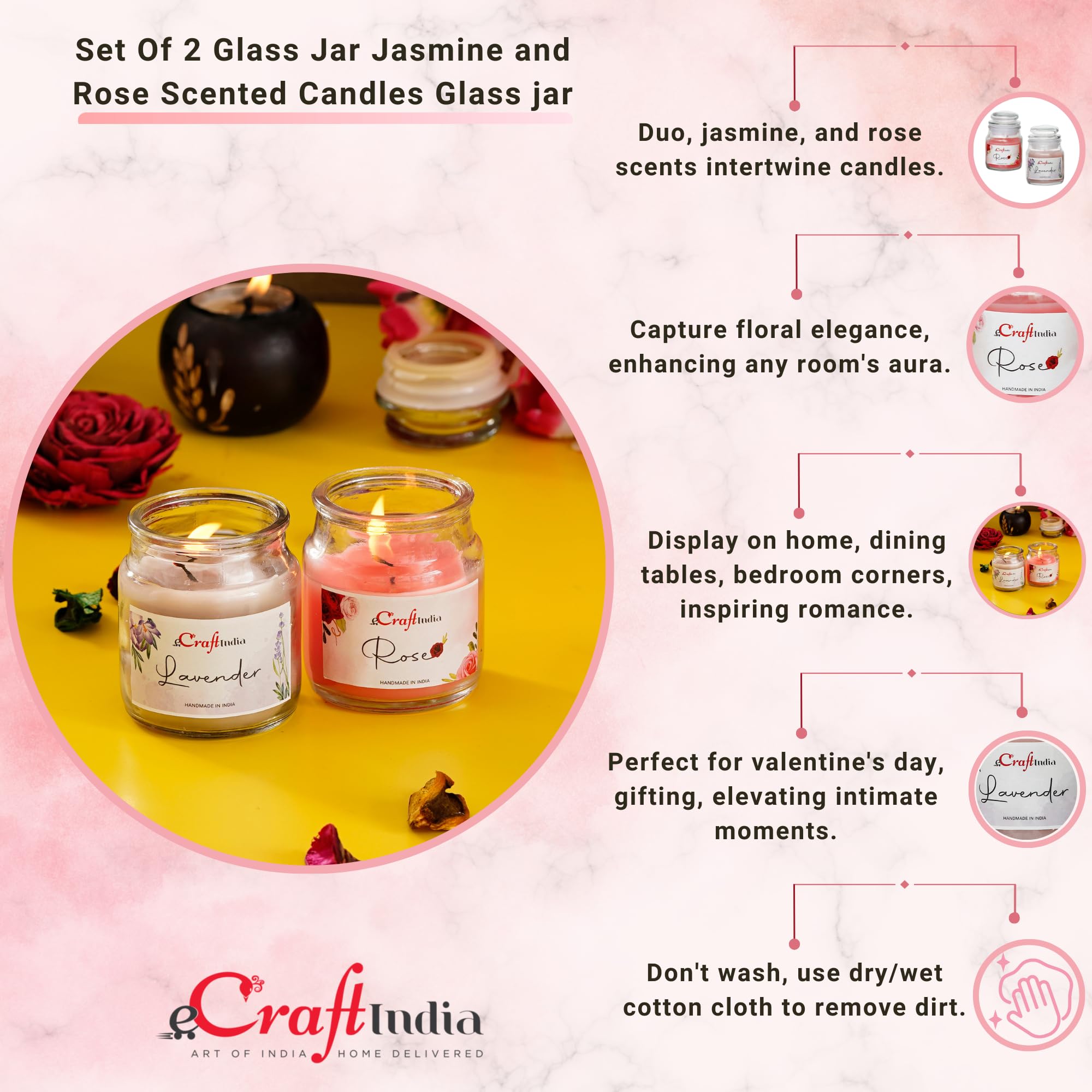 eCraftIndia Set of 2 Lavender Rose Scented Jar Candles for Home Decor, Bedroom, Bathroom | Aromatherapy Gifts for Diwali, Christmas, Birthday | Handmade Soy Wax Candles with Essential Oils | Perfect for Relaxation, Meditation & Creating Cozy Atmosphere