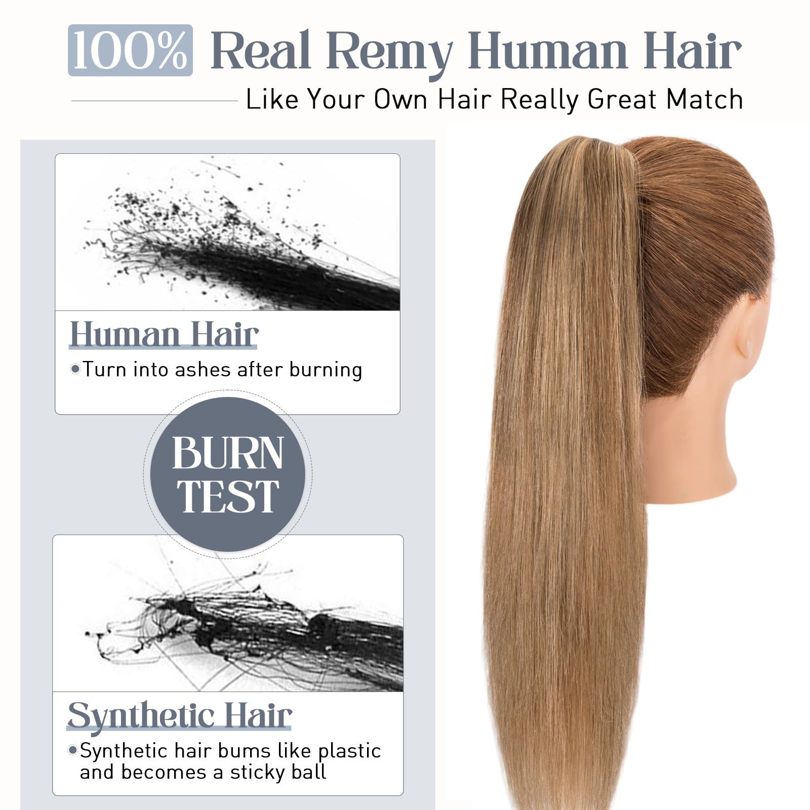 Rich Choices Clip-In Human Hair Ponytail Extension - 22 Inch Real Hair Ponytail with Balayage Medium Brown & Dark Blonde Highlights (120g) - Perfect for Women's Everyday Styling, Parties & Special Occasions
