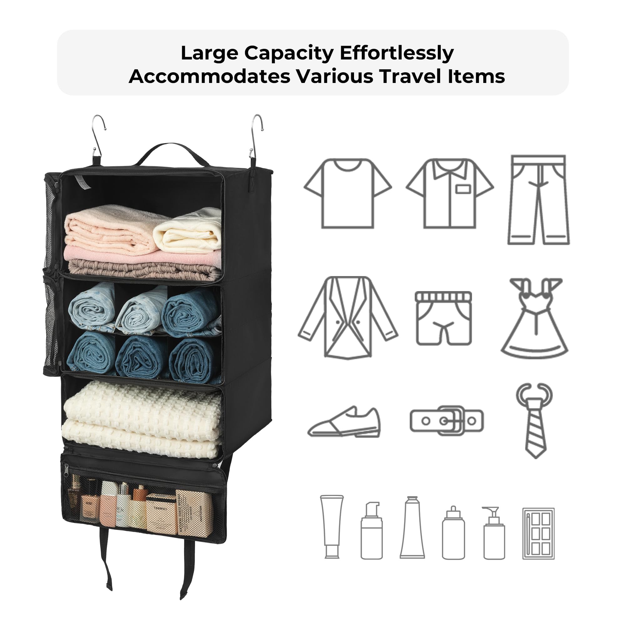 GRANNY SAYS Extra Large Hanging Luggage Organizer - 3-Shelf Foldable Travel Packing Cubes with 2 Hooks & Clear Window - Perfect for Carry-On Suitcase Organization | Ideal for Business Trips, Family Vacations & Weekend Getaways