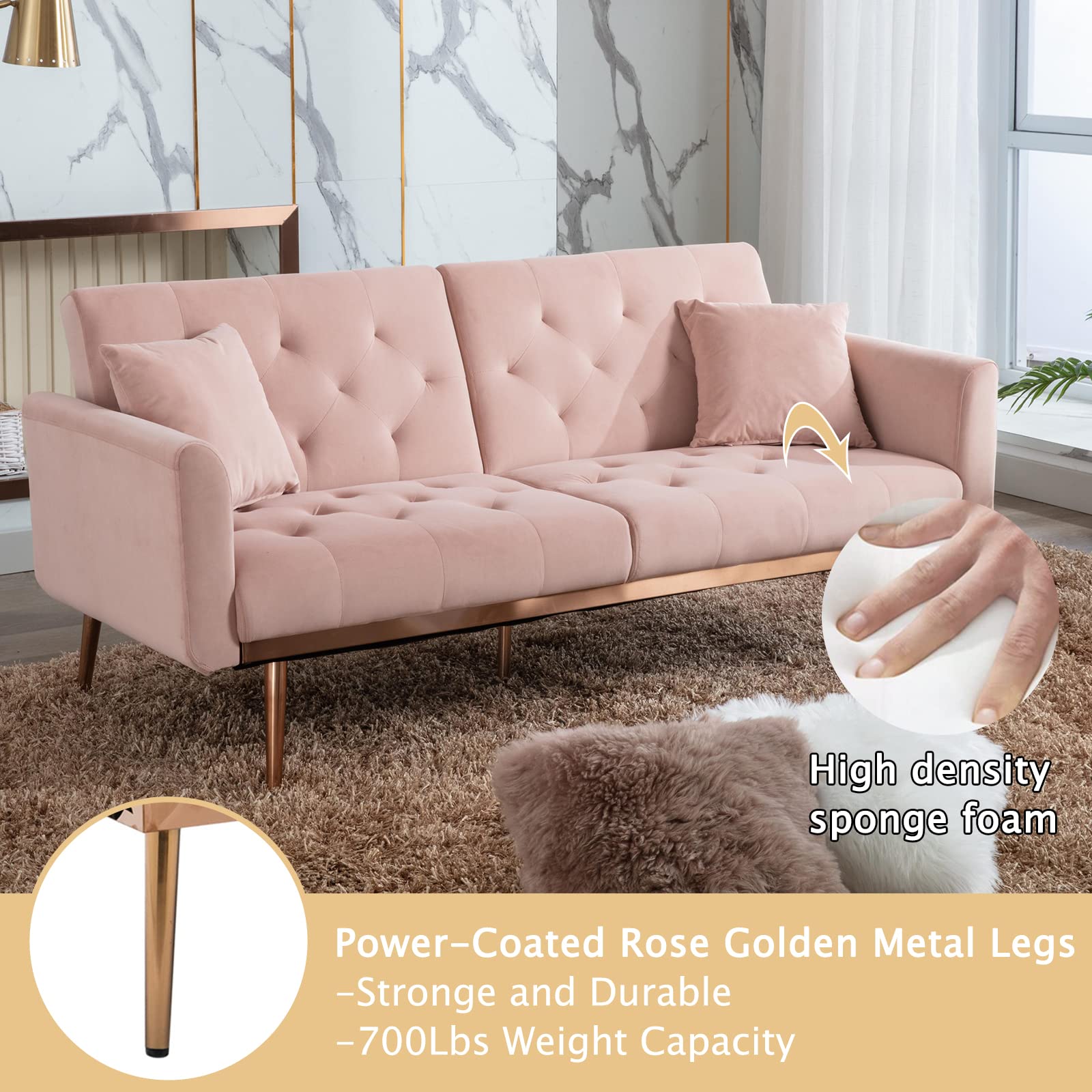 Velvet Accent Loveseat Sofa with Rose Gold Metal Legs - Convertible Sleeper Sofa Bed for Small Spaces, Pink Futon Couch with Split Back Design & 2 Pillows (63.8