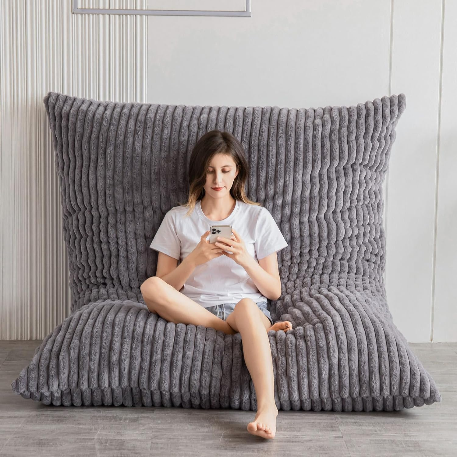 MAXYOYO 3-in-1 Convertible Bean Bag Chair - Soft Striped Faux Fur Large Floor Pillow for Kids & Adults - Dark Grey - Perfect for Living Room, Bedroom & Game Room Relaxation