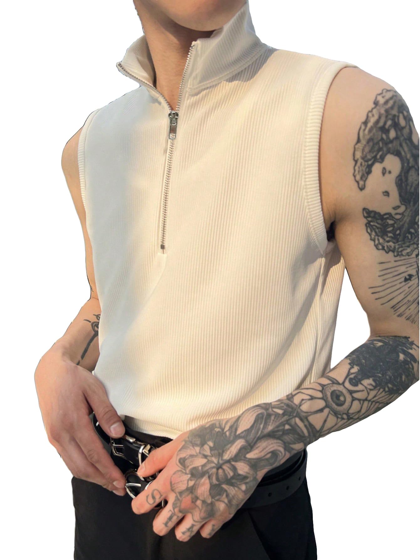OYOANGLE Men's Ribbed Knit Half-Zipper Sleeveless Funnel Neck Tank Top - Breathable Summer Casual Shirt for Gym, Beach & Streetwear Fashion