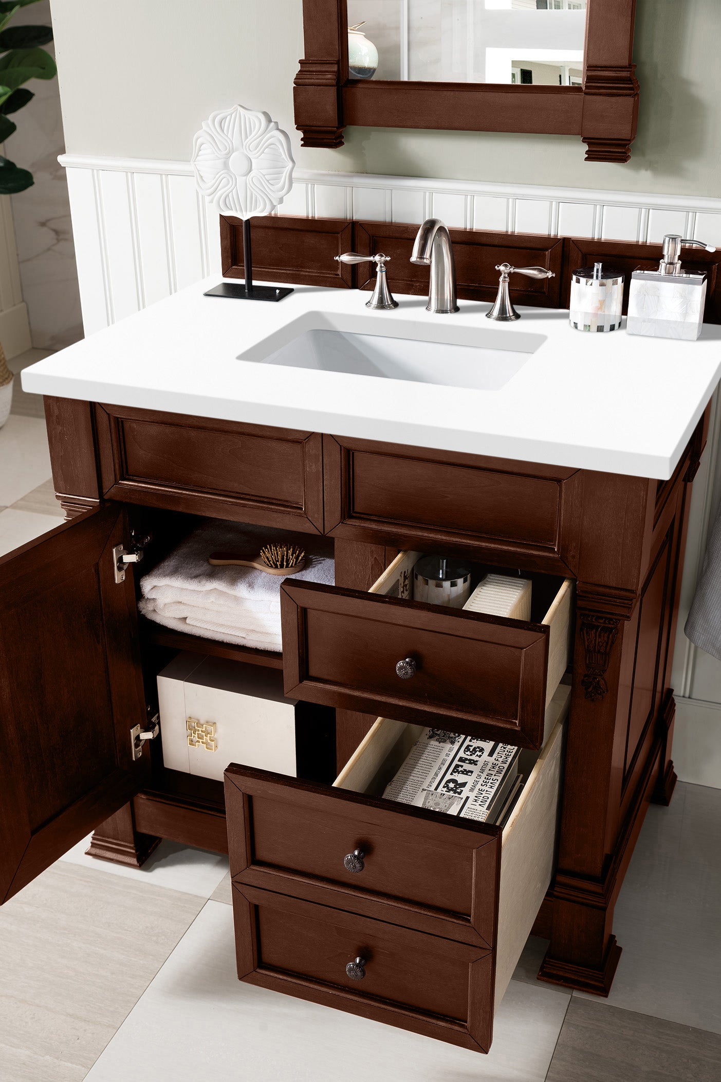 Brookfield 36 Inch Single Bathroom Vanity with Warm Cherry Finish & 3CM White Zeus Quartz Countertop - Perfect for Modern Bathroom Renovations and Home Upgrades
