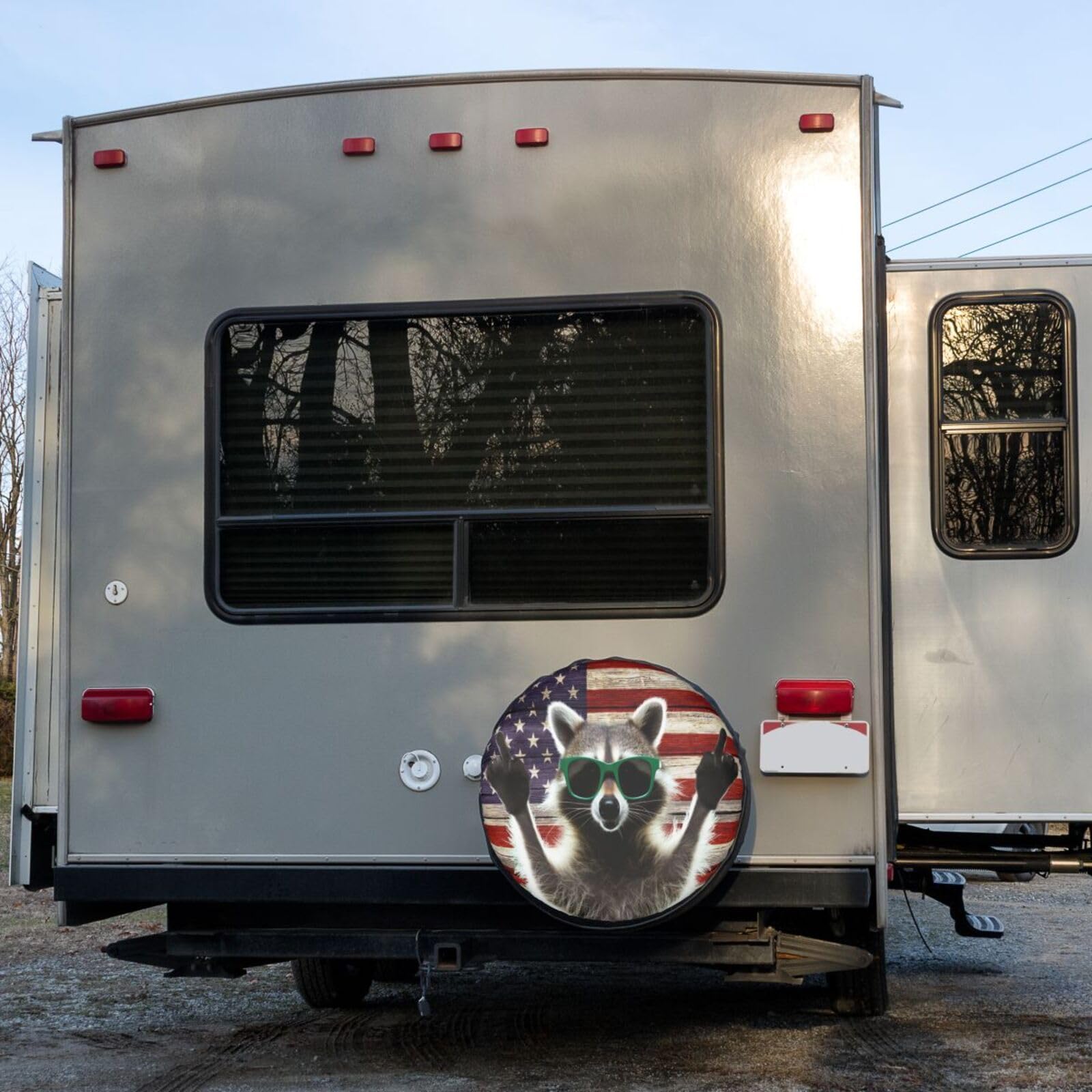 American Flag Raccoon Spare Tire Cover - 15 Inch Dust-Proof Wheel Protector for Trailers, RVs, SUVs & Vehicles | Perfect for Road Trips & Outdoor Adventures