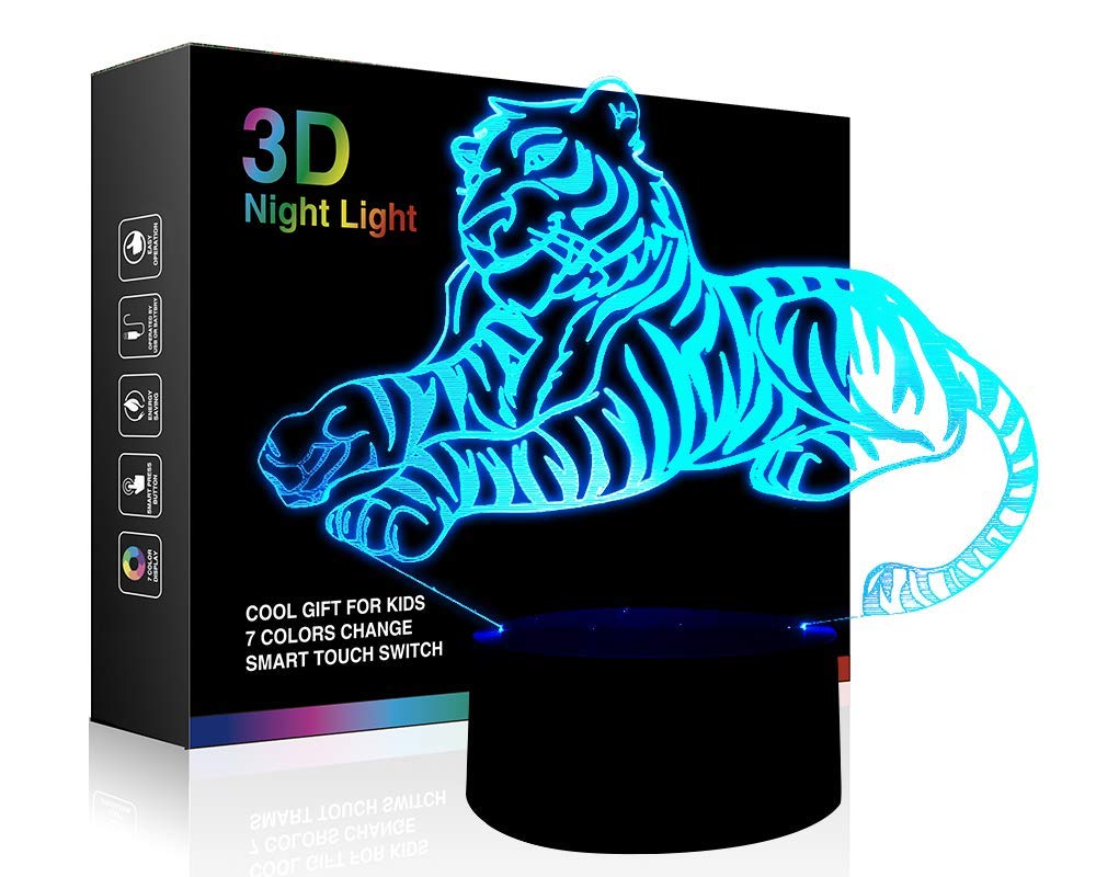 3D Illusion Tiger Lamp - 7 Color Changing Night Light with Touch Switch, Christmas Birthday Gift for Tiger Lovers | Perfect for Bedroom Decor, Kids Room Nightlight, and Unique Holiday Present