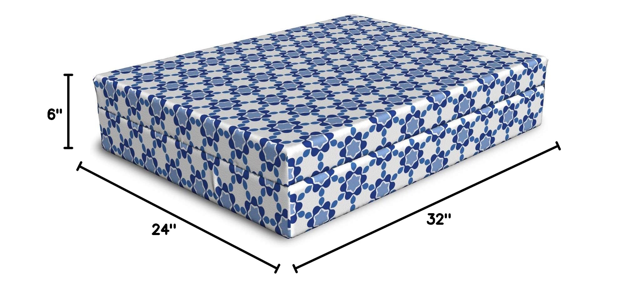 Luxury Moroccan Dog Bed - Hexagonal Honeycomb Ottoman with Oriental Tile Mosaic Design, High Resilience Visco Foam Pet Pillow, 32x24x6 Inches, White Turquoise & Dark Blue - Perfect for Living Room, Bedroom or Pet Lounge Areas