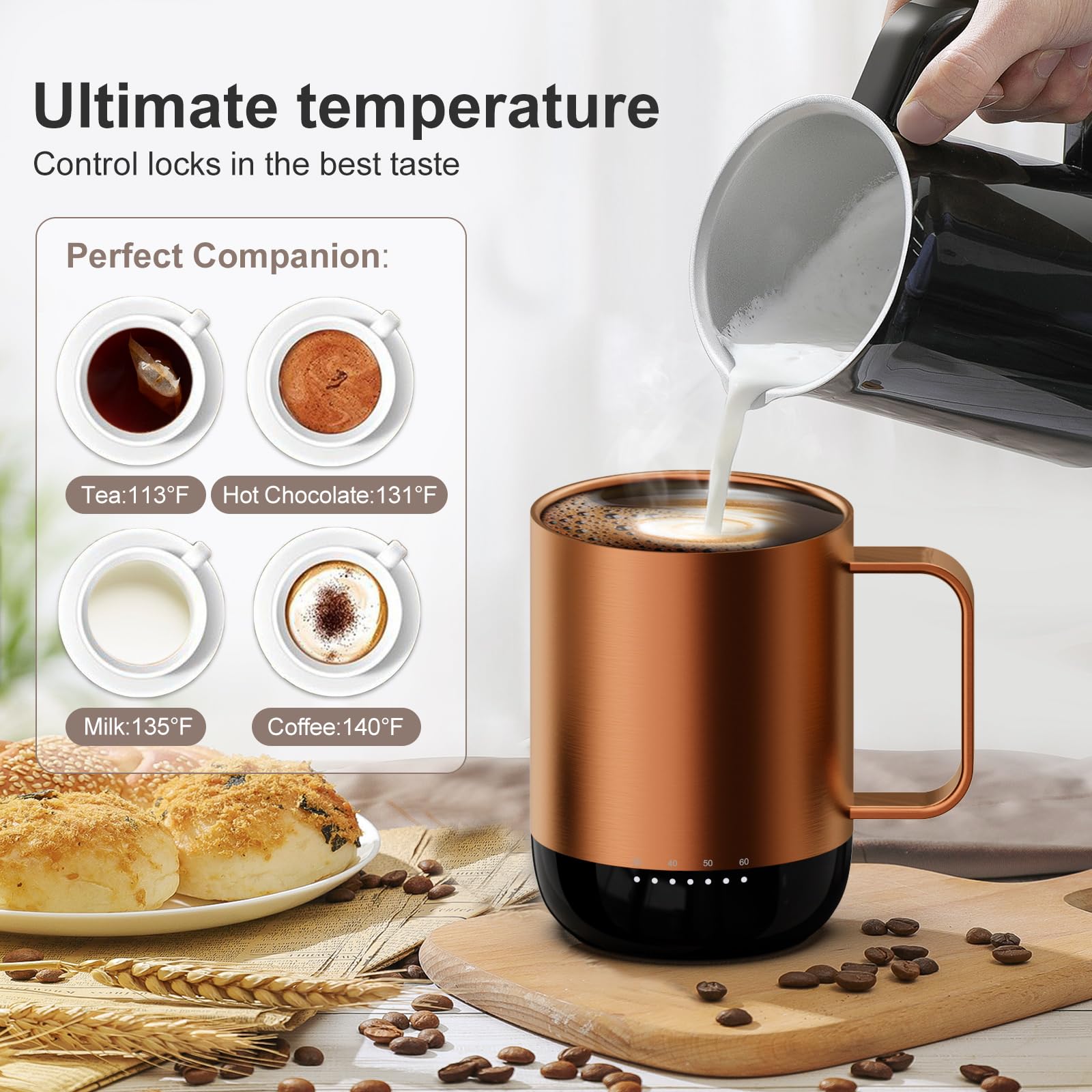VSITOO S3PRO Smart Temperature Control Heated Coffee Mug - 14oz Copper, Rechargeable & Battery Powered, APP/Manual Control, LED Display - Perfect for Office, Travel, and Home Use