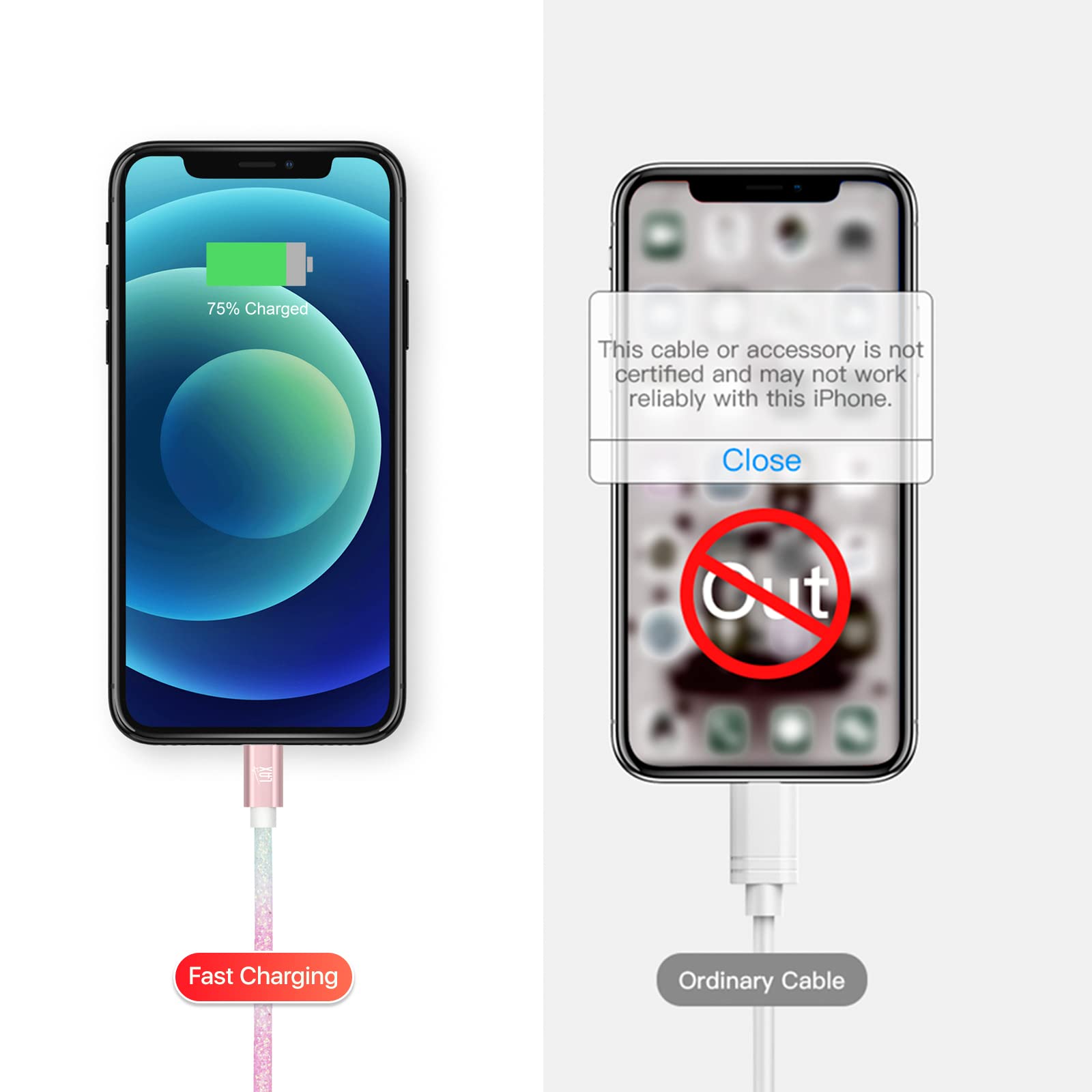 LAX Gadgets USB A to Lightning Cable - MFI Certified Fast Charging & Data Sync Cable for iPhone 14/13/12/11/X/8, iPad, iPod - 6ft Nylon Braided Durable Cable - Pastel Rainbow (GLMFI6PAS) | Perfect for Home, Office & Travel Charging