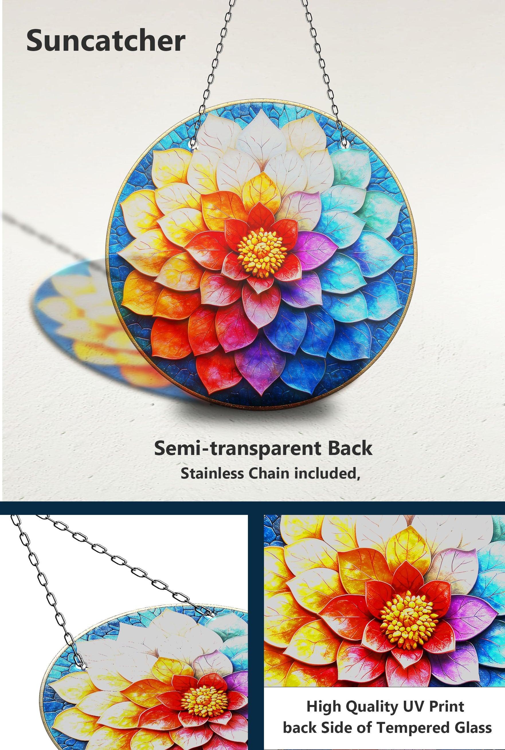 Blue and Red Lotus Suncatcher Window Decor - Stained Glass Hanging Ornament for Home, Office, Meditation Room & Garden (Sunlight Catcher, Feng Shui Decor)