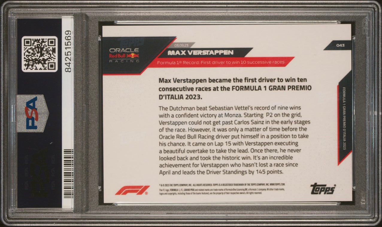 2023 Topps Now F1 Max Verstappen #43 Blue PSA 9 Graded Card - Perfect for F1 Collectors, Racing Fans, and Sports Memorabilia Enthusiasts