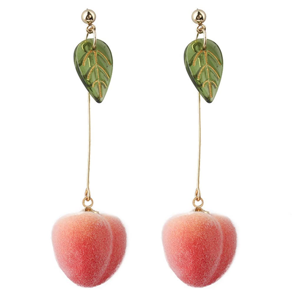 JUCAIBA Unique Lightweight Realistic Pink Peach with Leaf Dangle Drop Earrings for Women & Girls - Cute Fruit Hoop Jewelry Gift for Teens (Perfect for Summer Outfits, Parties & Casual Wear)