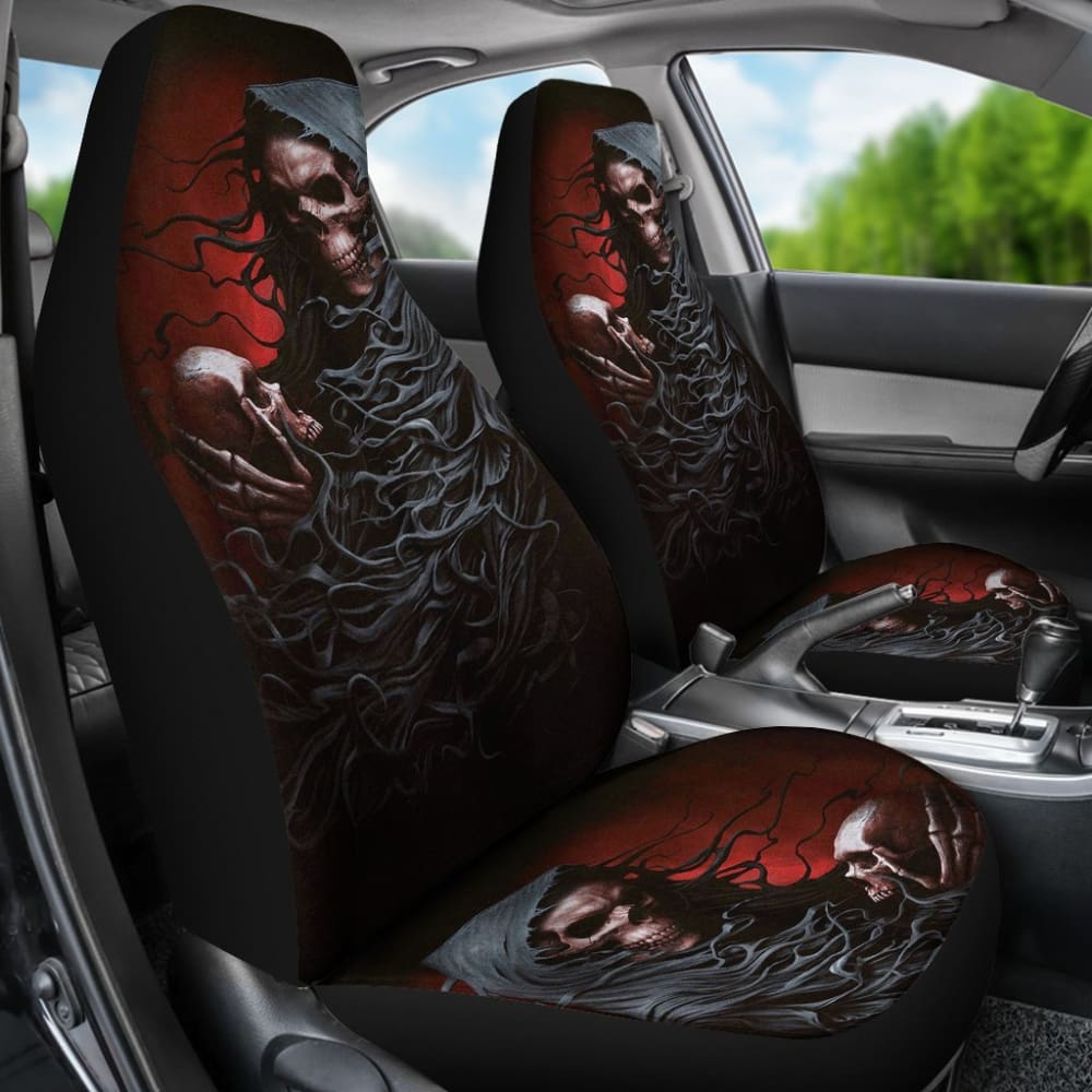 2 Pcs Gothic Skull Car Seat Covers - Universal Fit for Cars, Trucks & SUVs - Black PU Leather with Skull Design - Perfect for Halloween, Gothic Style & Car Accessories