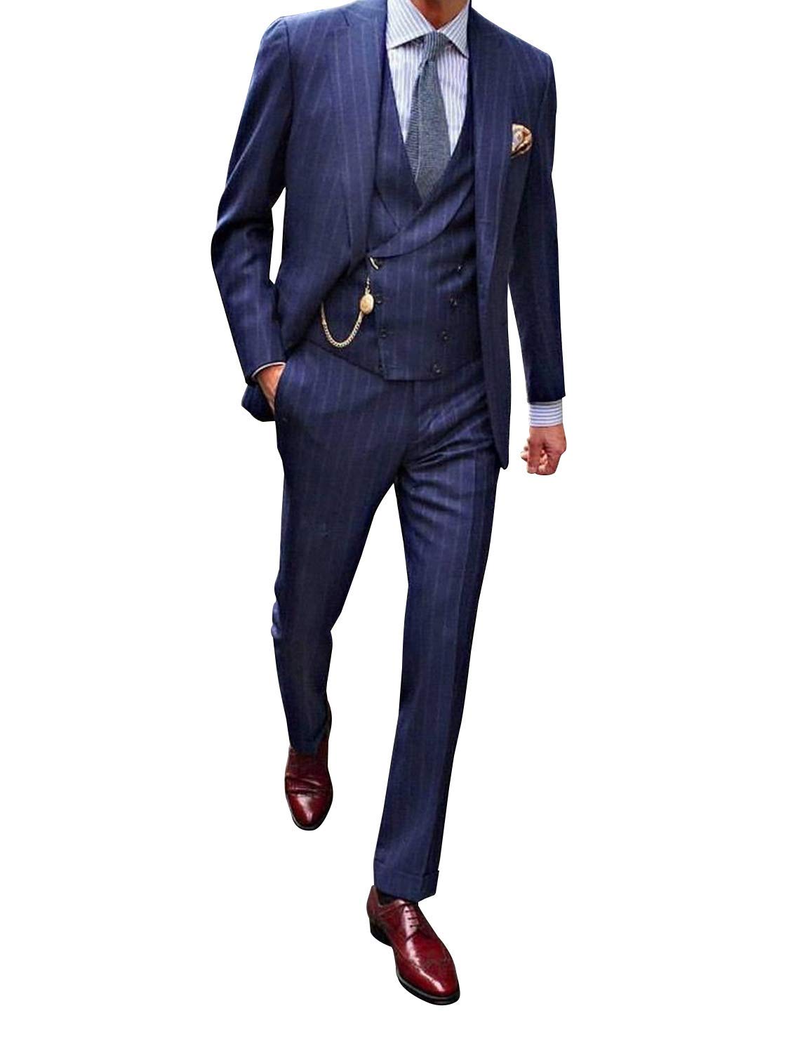 Men's Stripe Peak Lapel 3-Piece Suit Set with One Button Jacket, Pants & Vest | Formal Business Attire, Wedding & Special Occasion Outfit