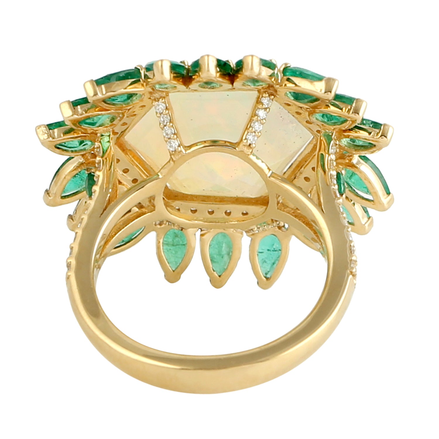 Hexagon Opal Ethiopian Pear Cut Emerald Pave Diamond Gold Cocktail Ring for Women - Elegant Statement Jewelry for Parties, Weddings & Special Occasions