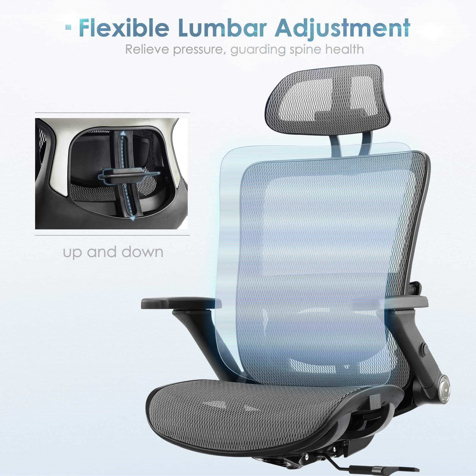 Ergonomic Mesh Office Chair with High Back, Headrest & 4D Flip-Up Armrests - Adjustable Tilt Lock & Lumbar Support - Grey - Perfect for Home Office, Gaming & Computer Workstations