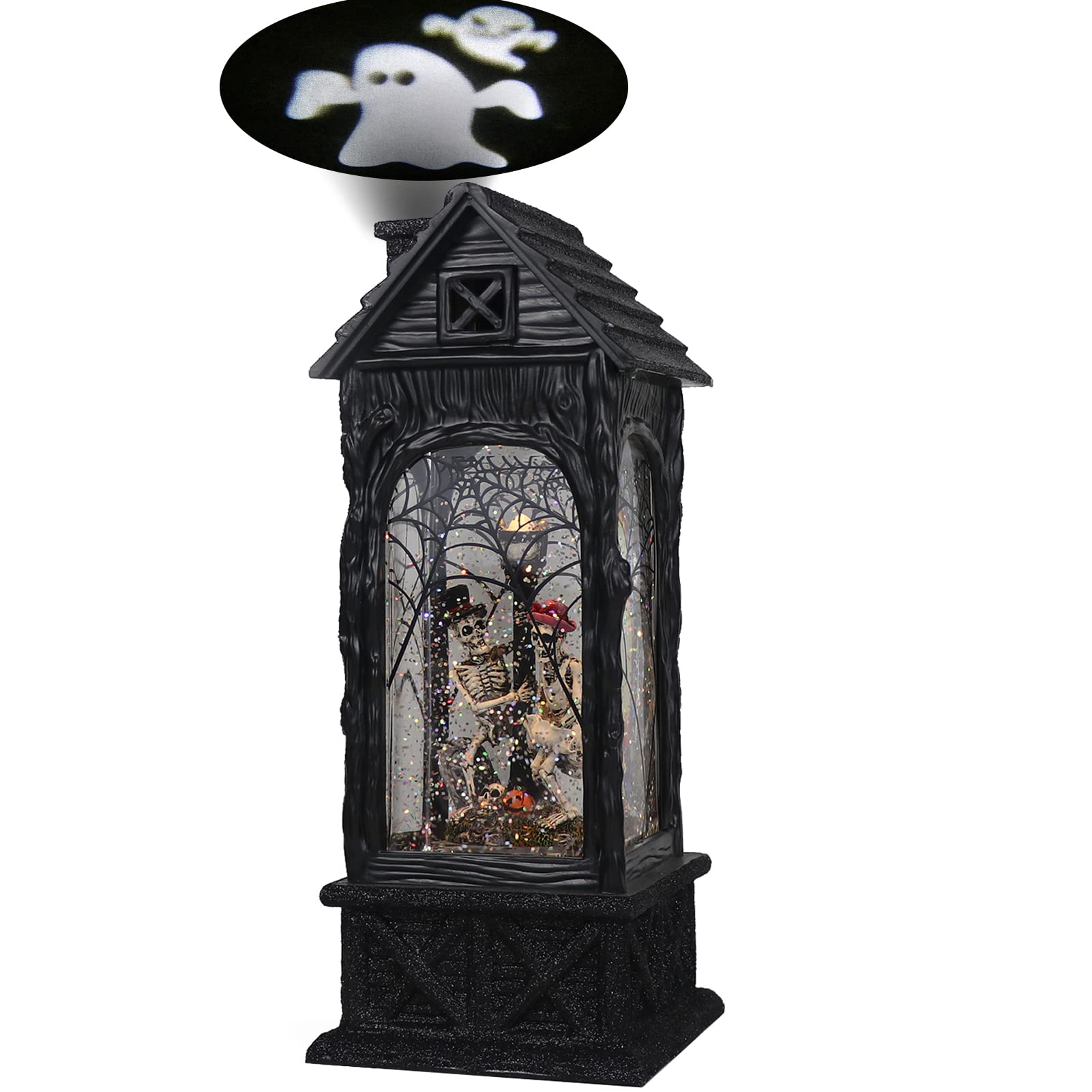 DRomance Halloween Snow Globe Projection Lantern - 10.7 Inch Skeleton Lighted Water Lantern with Glitter & 6-Hour Timer | Battery & USB Powered | Perfect for Halloween Party Decor, Home Decoration & Spooky Gift Idea