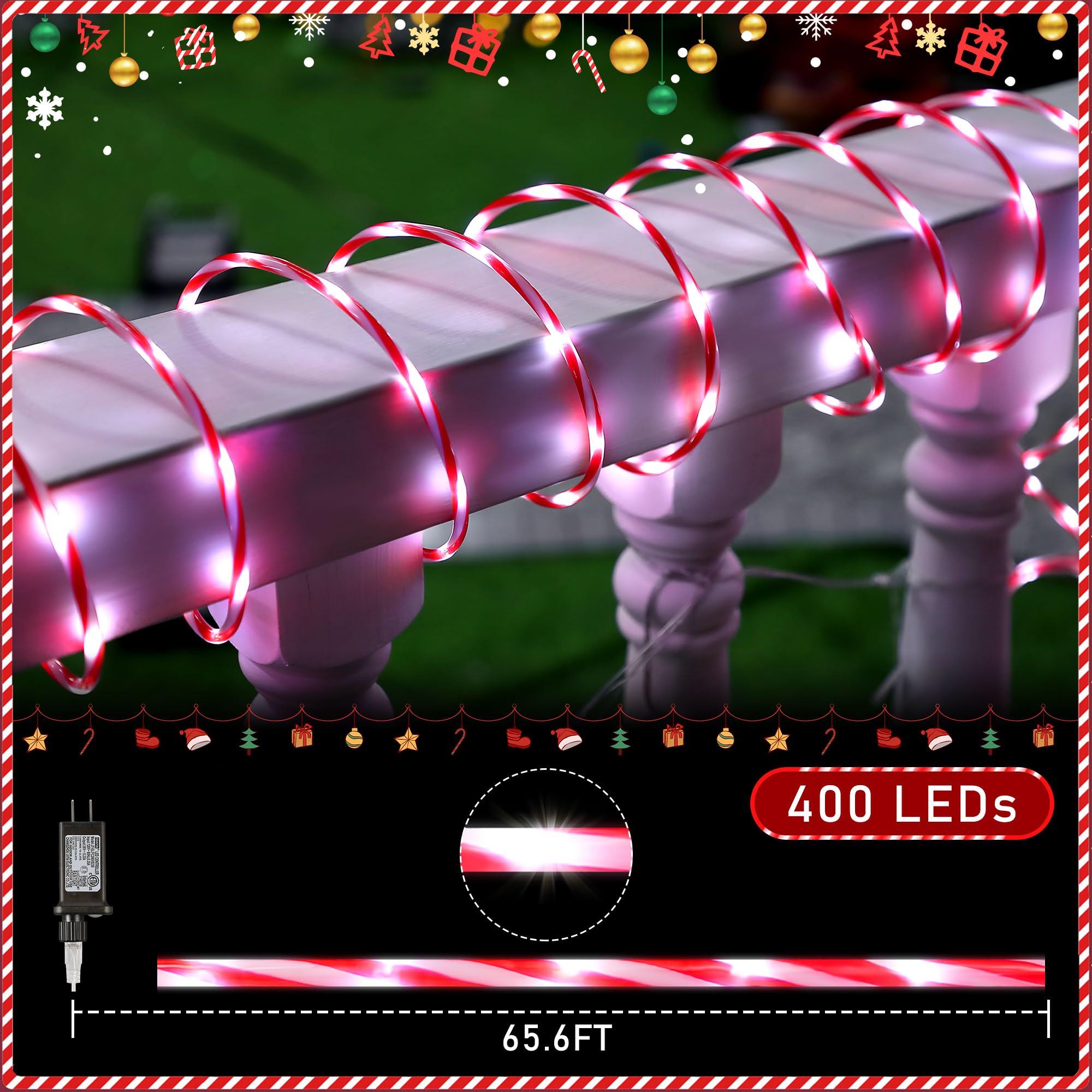 Hiboom Christmas Candy Cane Rope Lights - 65.6ft Waterproof Outdoor Decorative String Lights with 8 Lighting Modes & Timer for Christmas Tree, Fence, Patio, Garden, Yard - Perfect for Holiday Decorations, Parties, and Festive Outdoor Lighting